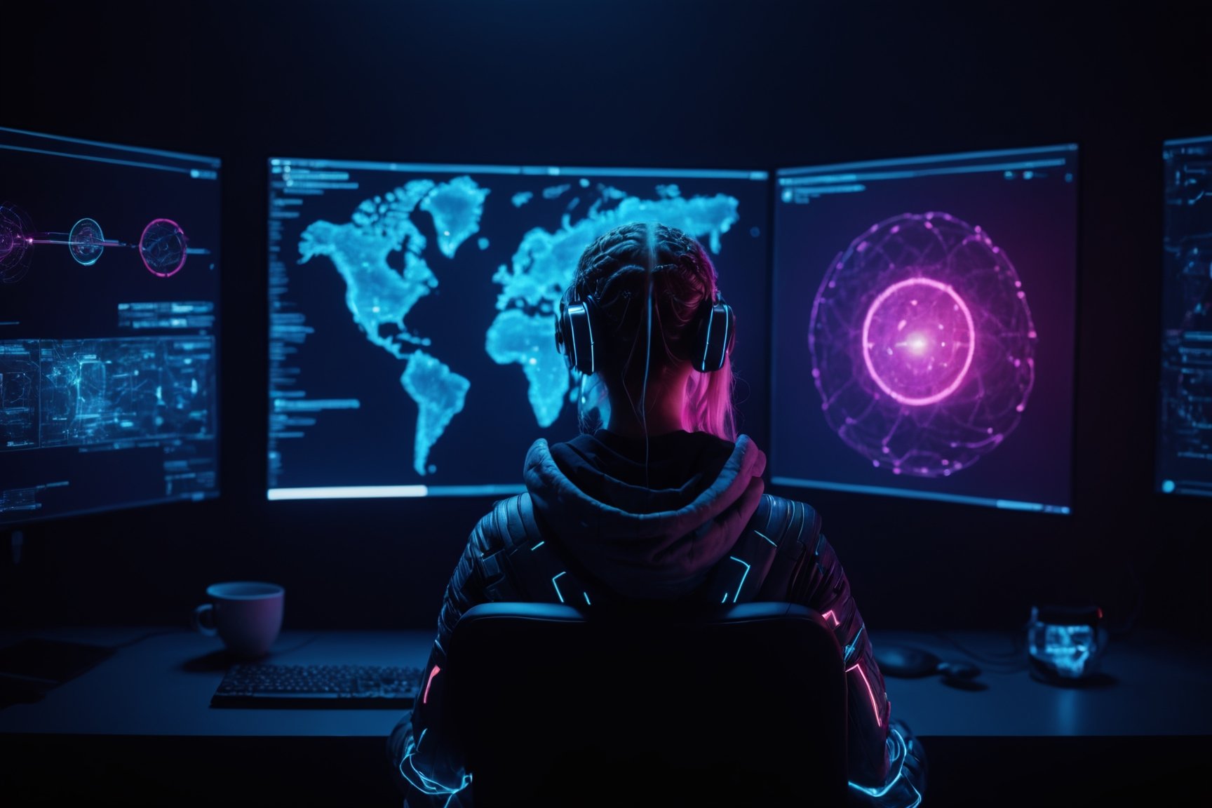 futuristic computer user interface, intense hacker girl sitting in front her hologram computer, floating infographic hologram, glowing holographic neural network, data network flowing, bokeh, bloom, bioluminescent, Sony Alpha ILCE α6400 + 35mm STM Lens, hyperrealistic photography, wide shot, viewed from behind, style of unsplash and National Geographic,Movie Still,EpicSky,DonMCyb3rN3cr0XL ,cyberpunk style,neon photography style,cyberpunk