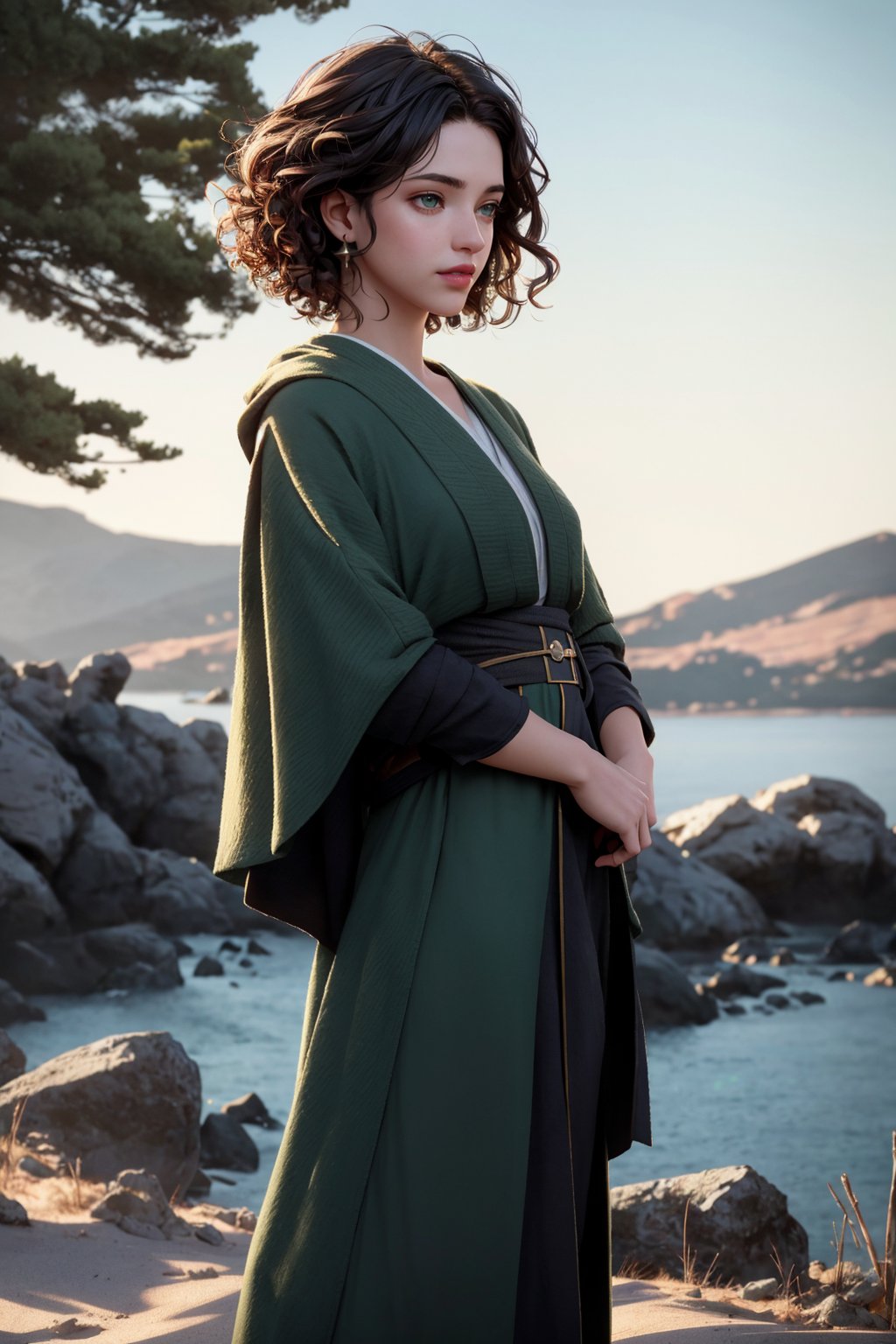 1girl, Highly detailed RAW color Photo, ((outdoor)), Full Body, ((portrait of a young jedi)) age 18, short_curly_hair, dark_hair, green-eyes, ((sexy_lips)), intricate_detail, realistic, dark_tone, cinematic_still, color_graded, on an aliean_planets, far_away_mountains, spaceship, cinematic lighting, shallow depth of field, photographed on a Sony a9 II, ((35mm f1.8_wide angle lens)), sharp focus, cinematic film still, particle effects, raytracing, detailed_skin, sharp_eyes, beautifull, looking_at_camera, lensflare, anamorphic_lens, glare, glow, ((wide_shot))