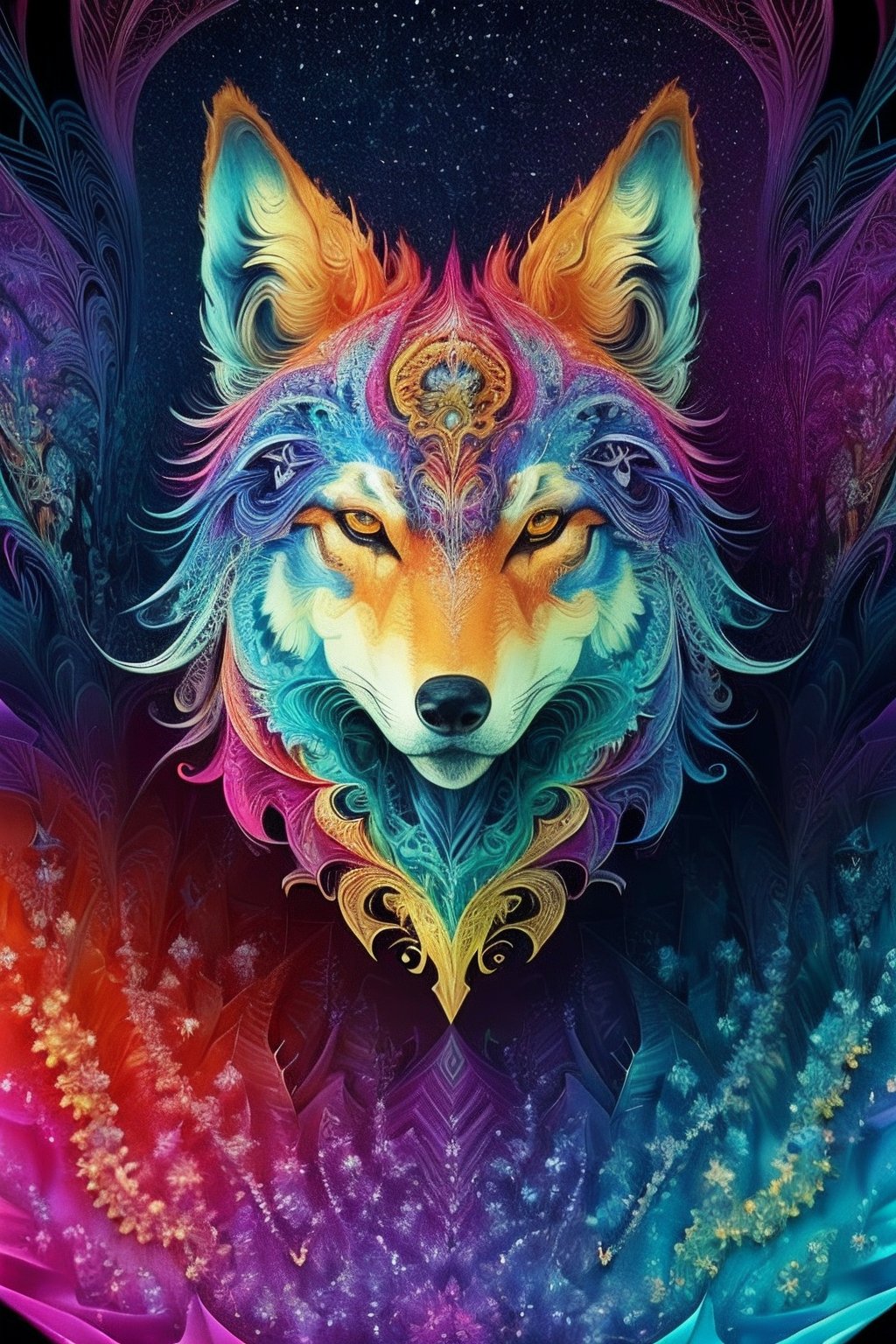 (masterpiece, top quality, best quality, official art, beautiful and aesthetic:1.2), extreme detailed, (fractal art:1.3), colorful, highest detailed, lots of details galaxy, wise wolf, pro vector, full design, 6 colors only, solid colors, no shadows, full design, warm colors, plants, isometric Pendleton patterns, bright colors