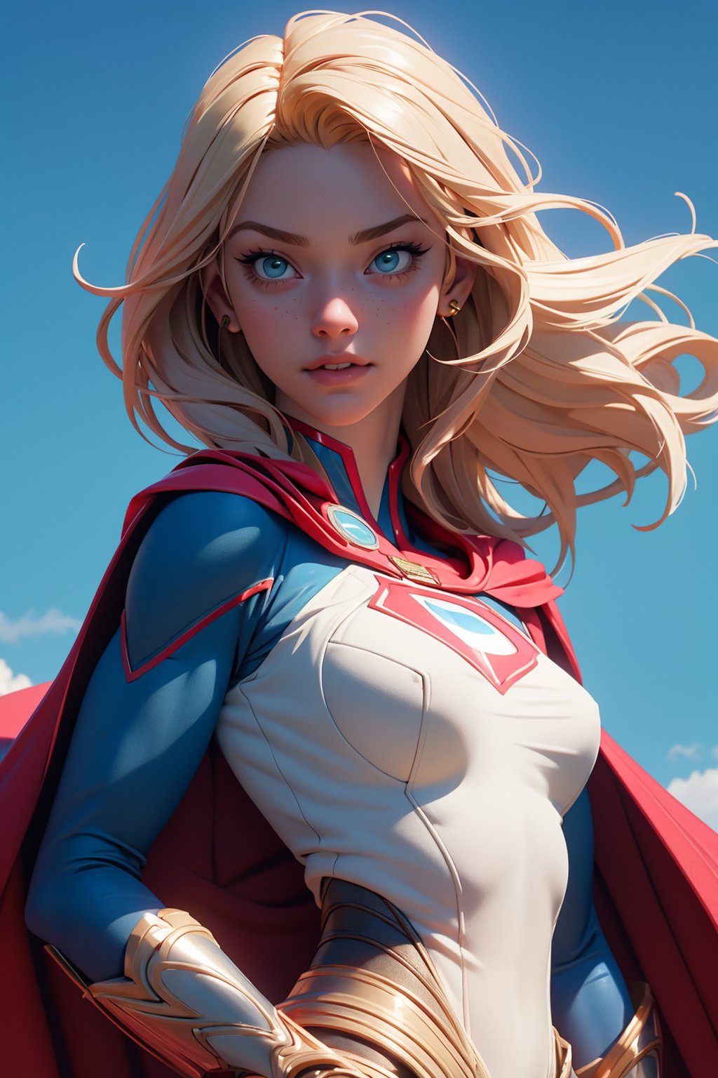 1girl, Highly detailed RAW color Photo, poised pose, superhero_pose, Full Body, ((portrait of supergirl)) age 18, ((dynamic_pose)), ((flying_midair)), ((fighting)), ((long_red_cape)), ((fully_suit_red_blue_white_gold)), beautiful face, symmetrical face, tone mapped, intricate, elegant, highly detailed, digital painting, concept art, red and blue, smooth, sharp focus, colorfull, depth of field, octane render,  art by artgerm and alphonse mucha, trending on artstation, cinematic animation still, by lois van baarle, ilya kuvshinov, metahuman, outdoors, toned body, (sci-fi), ((cloudy_blue sky)), (mountains:1.1), (lush green vegetation), (two moons in sky:0.8), (highly detailed, hyperdetailed, intricate), (lens flare:0.7), (bloom:0.7), particle effects, raytracing, cinematic lighting, shallow depth of field, photographed on a Sony a9 II, ((35mm f1.8_wide angle lens)), sharp focus, cinematic film still from Gravity 2013, short_curly_hair, average_breasts, blond_curly_hair, green-eyes, ((sexy_pink_lips)), intricate_detail, realistic, detailed_background, (8k, RAW photo, best quality, masterpie ce:1. 2), detailed_skin, sharp_eyes, beautifull, looking_at_camera, beautiful detailed eyes, beautiful detailed lips, high detailed skin, detailed background, 8k uhd, dslr,photorealistic, perfect hand, perfect fingers, big_breasts, Detailedface, 3DMM