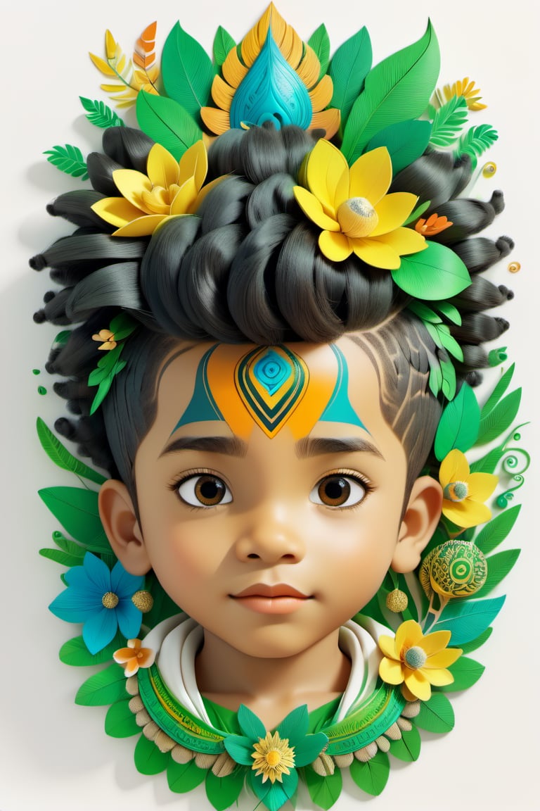 Paint a picture of the perfect balance between art and nature. a bold and brave little (boy), ethnic hair ornament, Incorporate elements like flowers, leaves, animals, and other natural patterns to create a unique and intricate design, symmetrical,perfect_symmetry,Leonardo Style,oni style, line_art,3d style, white background