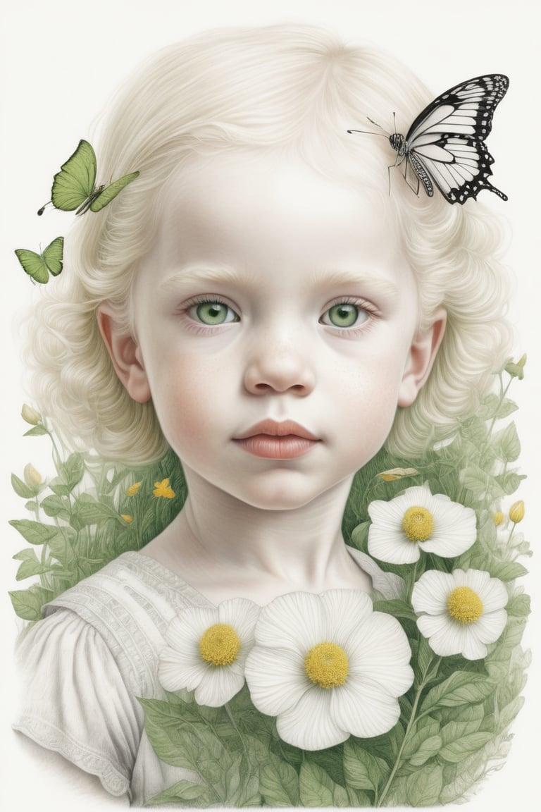 cute albinism little girl, pencil_(artwork), etching, crosshatching, rough sketch, monochrome, white background,Leonardo Style, illustration, in the style of Dave Malan, green lush, flowers, nature, animals, butterfly