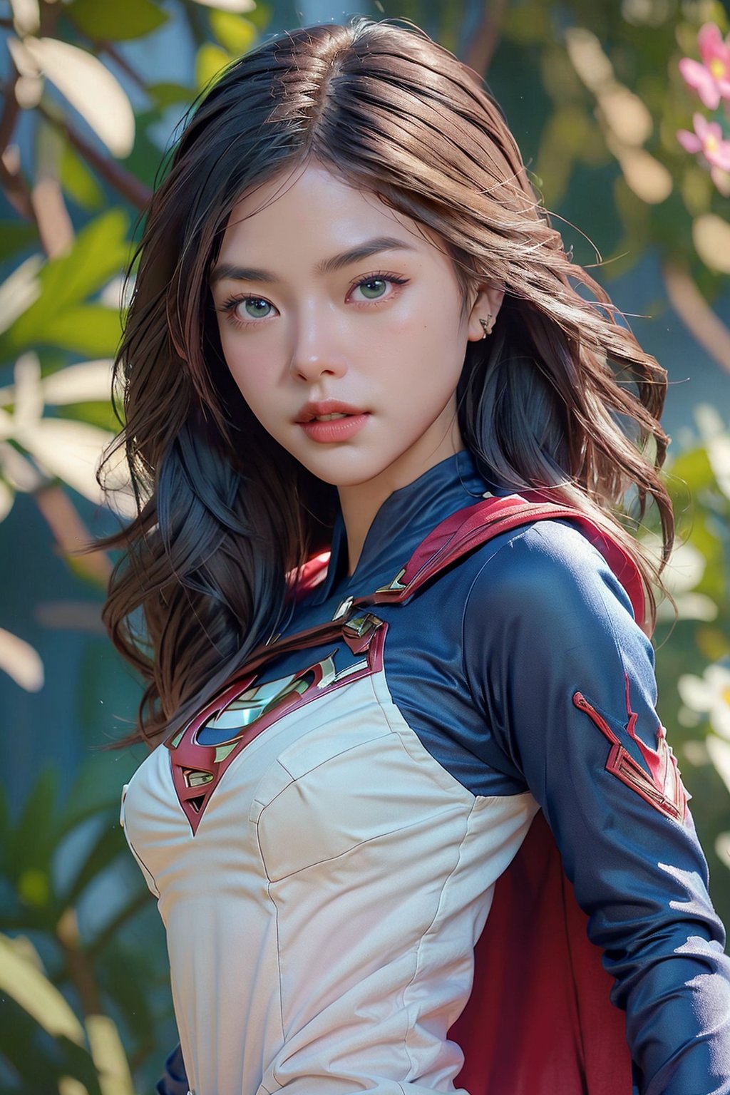 1girl, Highly detailed RAW color Photo, poised poise, superhero_pose, Full Body, ((portrait of supergirl)) age 18, ((dynamic_pose)), ((flying_midair)), ((fighting)), ((long_red_cape)), ((fully_suit_red_blue_white_gold)), beautiful face, symmetrical face, tone mapped, intricate, elegant, highly detailed, digital painting, concept art, red and blue, smooth, sharp focus, colorfull, depth of field, octane render,  art by artgerm and alphonse mucha, trending on artstation, cinematic animation still, by lois van baarle, ilya kuvshinov, metahuman, outdoors, toned body, (sci-fi), ((cloudy_blue sky)), (mountains:1.1), (lush green vegetation), (two moons in sky:0.8), (highly detailed, hyperdetailed, intricate), (lens flare:0.7), (bloom:0.7), particle effects, raytracing, cinematic lighting, shallow depth of field, photographed on a Sony a9 II, ((35mm f1.8_wide angle lens)), sharp focus, cinematic film still from Gravity 2013, short_curly_hair, average_breasts, blond_curly_hair, green-eyes, ((sexy_pink_lips)), intricate_detail, realistic, detailed_background, (8k, RAW photo, best quality, masterpie ce:1. 2), detailed_skin, sharp_eyes, beautifull, looking_at_camera, beautiful detailed eyes, beautiful detailed lips, high detailed skin, detailed background, 8k uhd, dslr,photorealistic, perfect hand, perfect fingers, big_breasts, Detailedface, 3DMM,Indonesiadoll