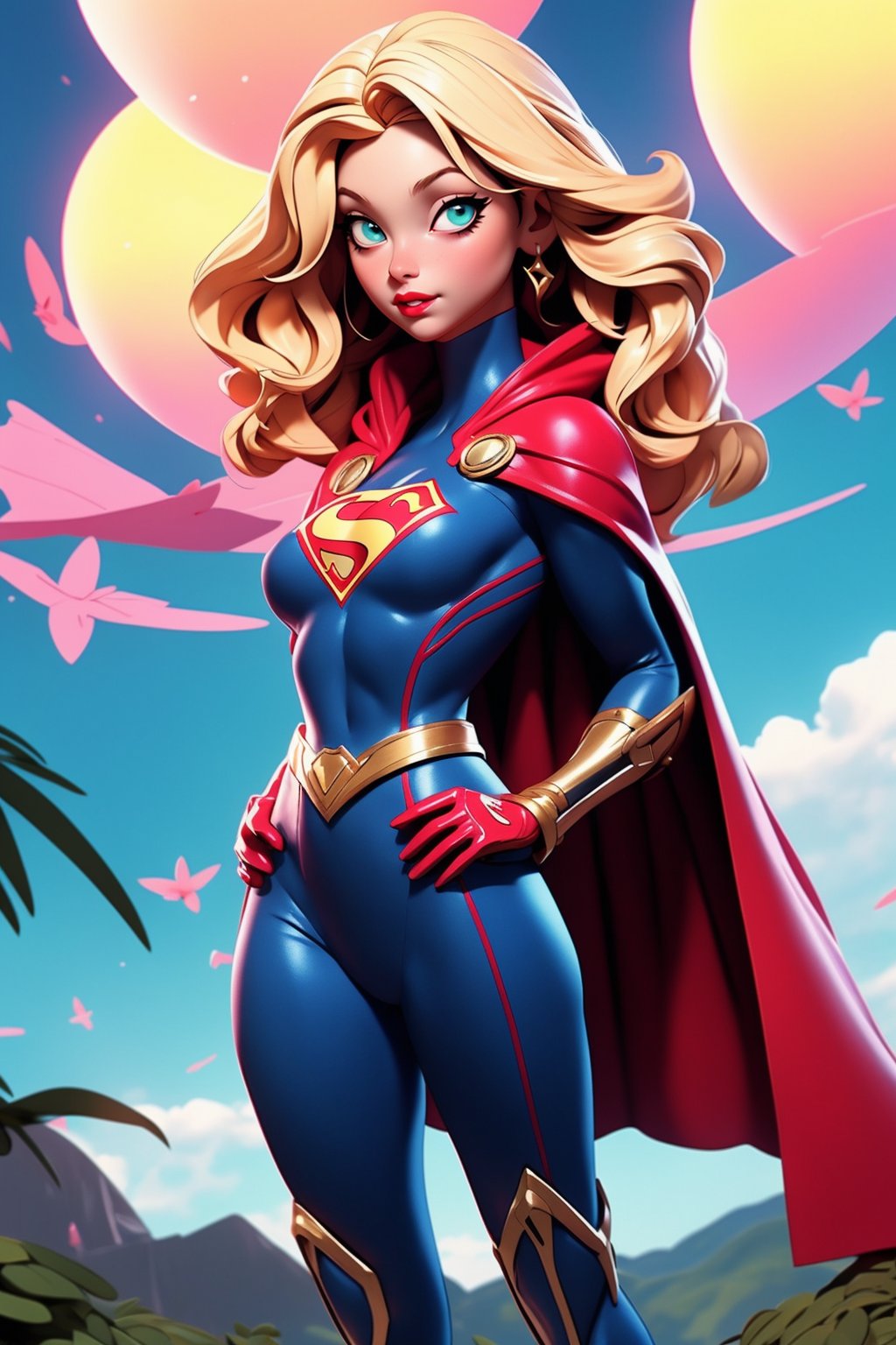 1girl, Highly detailed RAW color Photo, poised poise, superhero_pose, Full Body, ((portrait of supergirl)) age 18, ((dynamic_pose)), ((flying_midair)), ((fighting)), ((long_red_cape)), ((fully_suit_red_blue_white_gold)), beautiful face, symmetrical face, tone mapped, intricate, elegant, highly detailed, digital painting, concept art, red and blue, smooth, sharp focus, colorfull, depth of field, octane render,  art by artgerm and alphonse mucha, trending on artstation, cinematic animation still, by lois van baarle, ilya kuvshinov, metahuman, outdoors, toned body, (sci-fi), ((cloudy_blue sky)), (mountains:1.1), (lush green vegetation), (two moons in sky:0.8), (highly detailed, hyperdetailed, intricate), (lens flare:0.7), (bloom:0.7), particle effects, raytracing, cinematic lighting, shallow depth of field, photographed on a Sony a9 II, ((35mm f1.8_wide angle lens)), sharp focus, cinematic film still from Gravity 2013, short_curly_hair, average_breasts, blond_curly_hair, green-eyes, ((sexy_pink_lips)), intricate_detail, realistic, detailed_background, (8k, RAW photo, best quality, masterpie ce:1. 2), detailed_skin, sharp_eyes, beautifull, looking_at_camera, beautiful detailed eyes, beautiful detailed lips, high detailed skin, detailed background, 8k uhd, dslr,photorealistic, perfect hand, perfect fingers, big_breasts, Detailedface, 3DMM