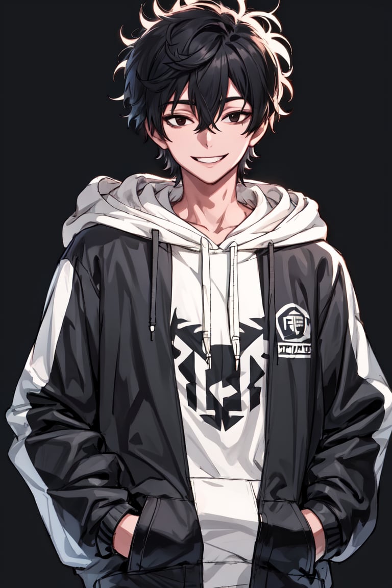 solo, looking at viewer, smile, short hair, bangs, simple background, black hair, long sleeves, 1boy, hair between eyes, brown eyes, jacket, upper body, male focus, open clothes, hood, black eyes, open jacket, black jacket, hoodie, hood down, black background, messy hair, hand in pocket, drawstring, white hoodie,Time Jumper