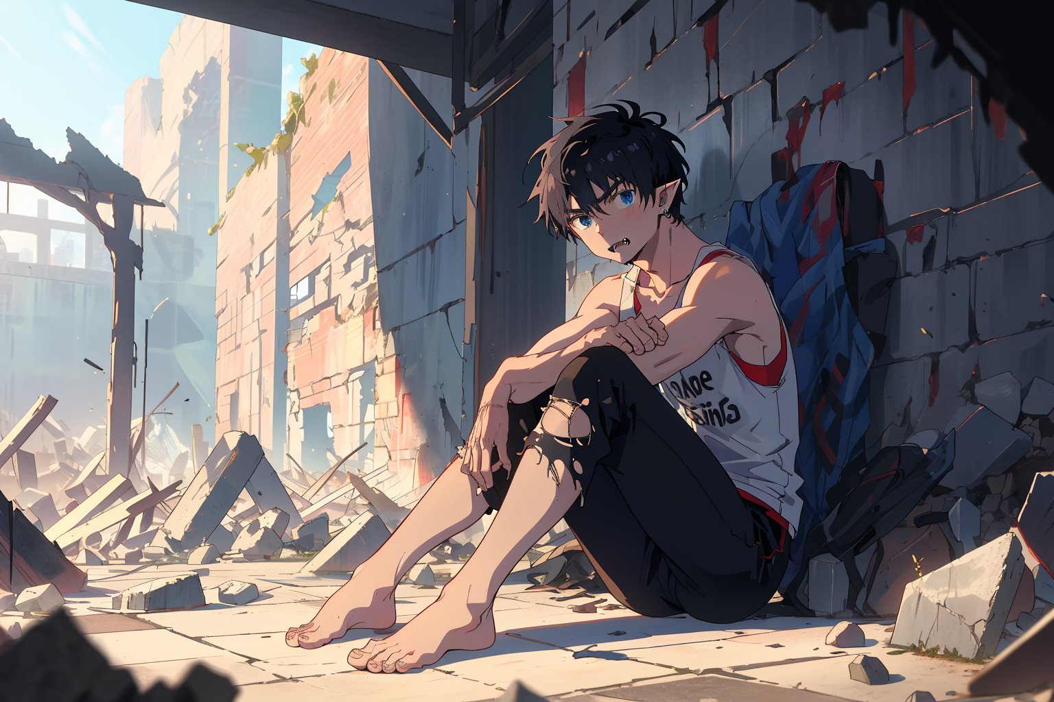 Masterpiece, best quality, anime style, {{1man,20 years old, male focus, male_solo, athletic build, tall, very short hair, black hair, blue eyes, pointy ears and fangs}} 
A lone figure sits amidst ancient ruins, gazing directly at the viewer with piercing blue eyes. Very Short,  black hair frames their heart-shaped face, and a torn black tank top clings to their bare shoulders. Black pants are ripped, revealing their bare feet as they sit barefoot among crumbling stones. The subject's closed mouth and intense stare command attention, drawing the eye to their chiseled collarbone. The warm light of day casts long shadows across the ruins, highlighting the male figure's rugged beauty amidst the decay.,Blueking,Short hair, Black hair, Blue eyes