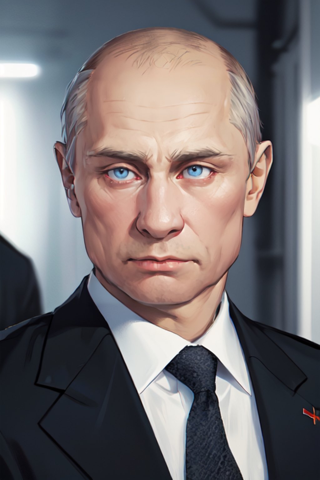 a  old man, called Vladimir Vladimirovič Putin , President of Russia, bald, sharp blue eyes,  wearing classic  black business suit, serious facial expression 