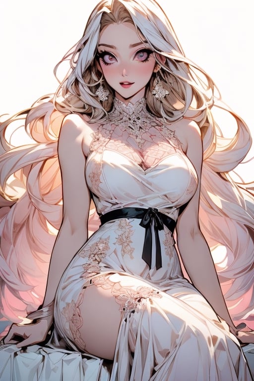 One woman ,Godness, Aphrodite, (caucasian_pale_white_female:1.5) , light_blue_eyes , detailed eyes , large_breasts , blonde_hair  , perfect legs , barefoot , slim thicc , masterpiece  , ultra detailed , ("detailed background") , perfect shading , high contrast , best illumination , light smile , long_hair , straight_hair , (make-up) , (pink eye shadow) , (black eye liner) ,very long pink Vintage women's elegant summer floral long dress , portrait,lolita_dress, jewellery, ,nijistyle