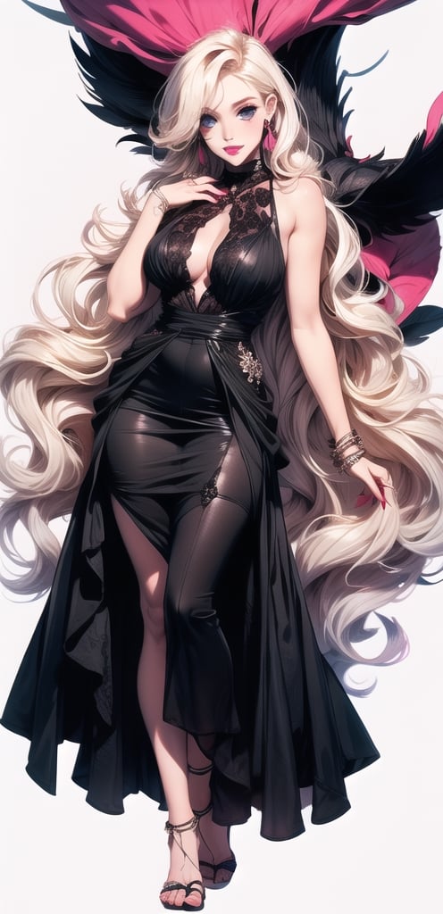 One woman ,Godness, Aphrodite, (caucasian_pale_white_female:1.5) , light_blue_eyes , detailed eyes , large_breasts , blonde_hair  , perfect legs , barefoot , slim thicc , masterpiece  , ultra detailed , ("detailed background") , perfect shading , high contrast , best illumination , light smile , long_hair , straight_hair , (make-up) , (pink eye shadow) , (black eye liner) ,very long pink Vintage women's elegant summer floral long dress , full-body_portrait,lolita_dress, jewellery, ,lvdress