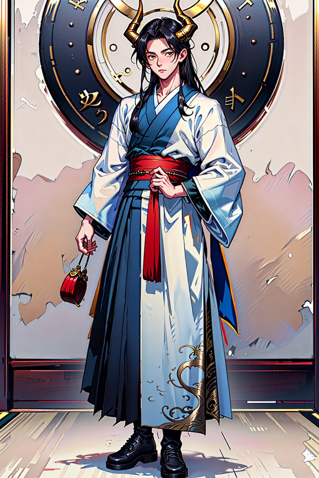 Full body shot, Hanfu_Dragon_Boy,1male, very long black hair, bags, gold yellow eyes, Dragon horns, handsome ,Gold gold eyes,Very long lack hair ,Hanfu