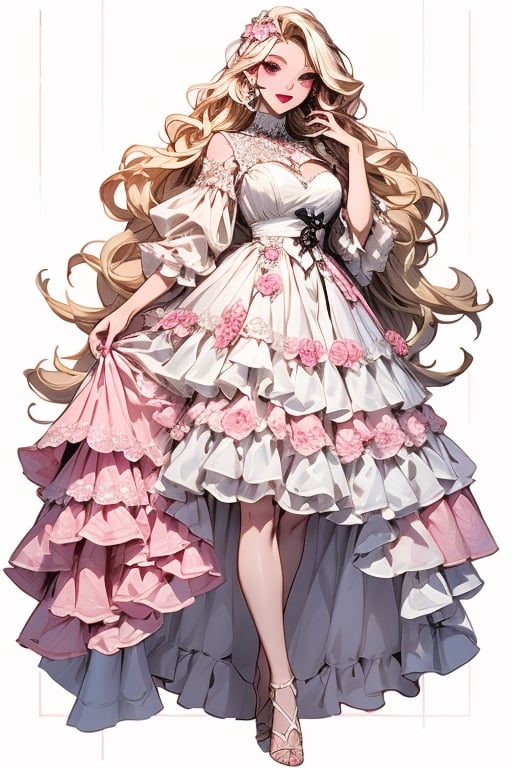 One woman ,Godness, Aphrodite, (caucasian_pale_white_female:1.5) , light_blue_eyes , detailed eyes , large_breasts , blonde_hair  , perfect legs , barefoot , slim thicc , masterpiece  , ultra detailed , ("detailed background") , perfect shading , high contrast , best illumination , light smile , long_hair , straight_hair , (make-up) , (pink eye shadow) , (black eye liner) ,very long pink Vintage women's elegant summer floral long dress , full-body_portrait,lolita_dress, jewellery, ,nijistyle