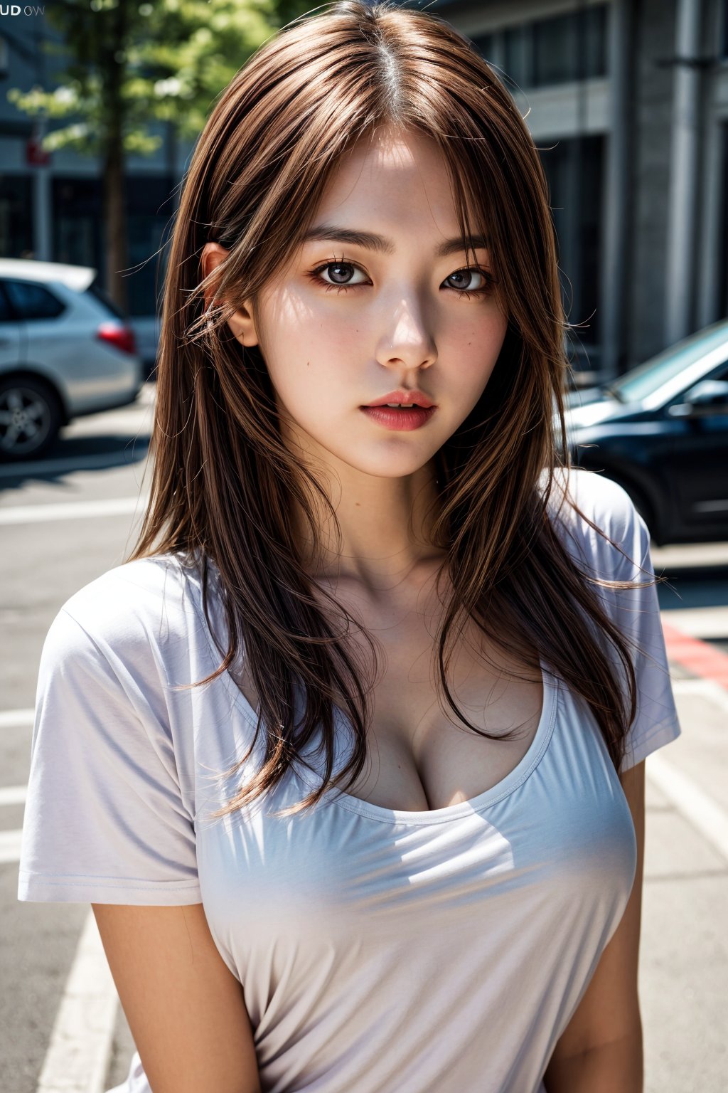 photorealistic:1.37, masterpiece, best quality, raw photo, absurd res, UHD, 1girl, medium breasts, cleavage, long hair, brown hair, seductive, white T-Shirt, erotic pose, looking at the viewer, on street, intricate detail, detailed background, detailed skin, pore, highres, hdr
