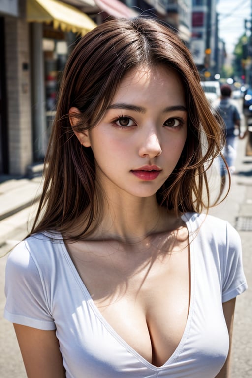 photorealistic:1.37, masterpiece, best quality, raw photo, absurd res, UHD, 1girl, medium breasts, cleavage, long hair, brown hair, seductive, white T-Shirt, erotic pose, looking at the viewer, on street, intricate detail, detailed background, detailed skin, pore, highres, hdr
