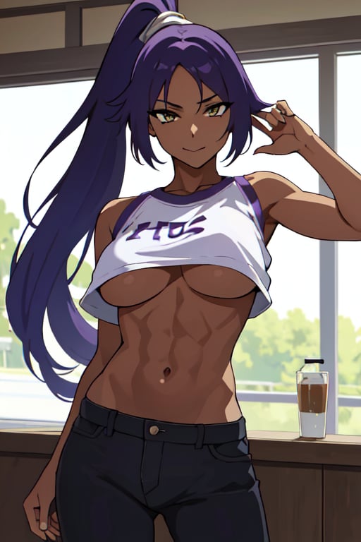 masterpiece, best quality, absurdres, perfect antomy, cowboy shot, standing, indoors, 1girl, solo, Shihouin Yoruichi, purple hair, looking at viewer, smile, t-shirt, pulled up midriff, toned, pants,Shihouin Yoruichi, NSFW, purple hair topless,purple hair, tan, very short midriff, extreme underboob, nipples showing, fit abs, holes on top