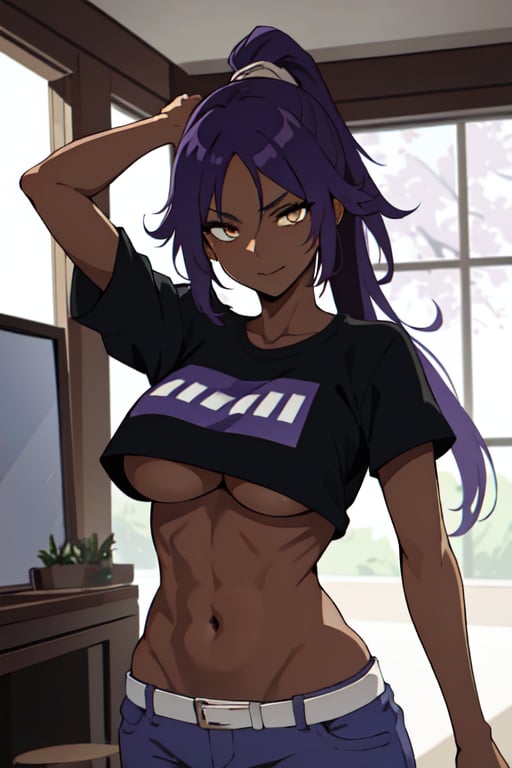 masterpiece, best quality, absurdres, perfect antomy, cowboy shot, standing, indoors, 1girl, solo, Shihouin Yoruichi, purple hair, looking at viewer, smile, t-shirt, midriff, toned, pants,Shihouin Yoruichi, NSFW, purple hair topless,purple hair, tan, very short midriff, extreme underboob, nipple showing, fiy abs, torn top