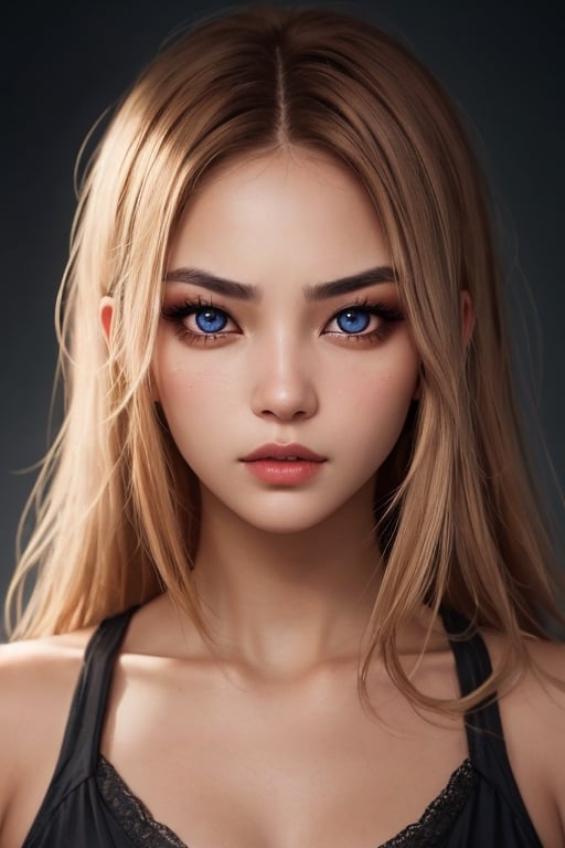 A young girl around 22 years old, European. Perfectly detailed facial skin, with small wrinkles. The eyes are large, dark in color, watery, slightly set. Eyeballs symmetrical detailed, perfect. There are no dark circles under the eyeballs, the lower part of the eyeballs is flat, a little semicircular, the upper part of the eyeballs with an eyelid, detailed and semicircular around the eyes, with long natural long eyelashes, a little visit to Asians, half-breeds, perfect eyebrows bent up like a girl a little angry, hair color auburn blonde, straight hairstyle and long shaggy hair, lips full, young, attractive, rebellious, seductive, complexion tanned from sunbathing. Enigmatic girl, wonderful beauty, wonderful young skin. Symmetrical exactly the same eyes, symmetrical eyeballs. Mystical lighting, realistic shadows, high resolution, beautiful photography, professional camera, adequate lens, 8K, UHD