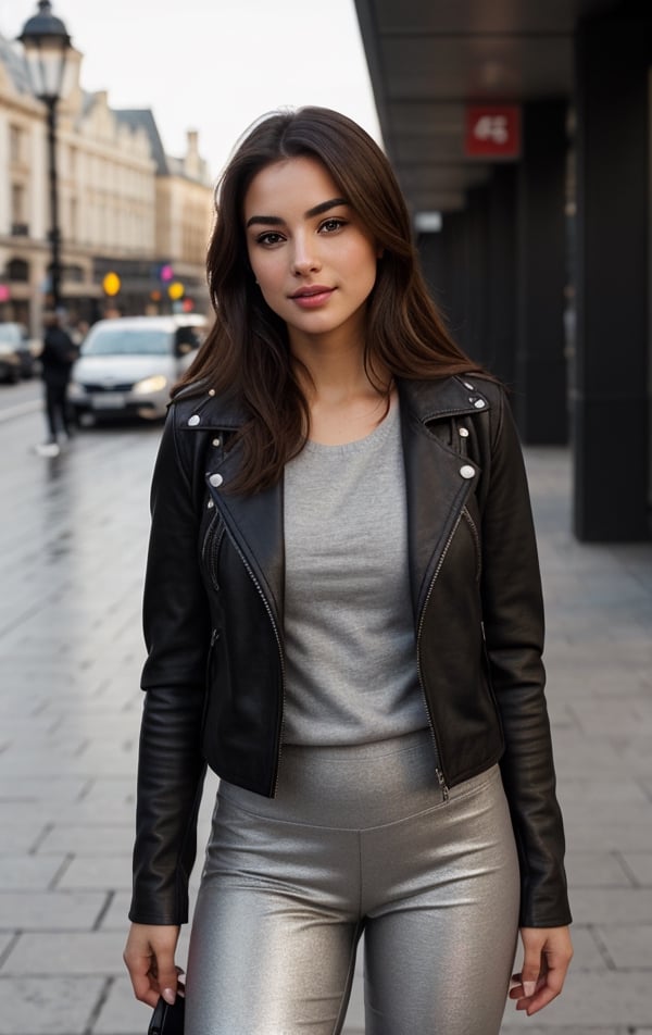 Background: Piccadilly Circus, London, United Kingdom. Lots of people, realistic bodies, perfect looking, perfectly drawn, not deformed. Perfectly detailed buildings and objects, inscriptions in English, Latin.

Dressed in: A girl dressed in a light "gray Under Armor" sweatshirt, with a hood, perfectly detailed BLACK leather pants, beige mistakes, they fit the model perfectly, on her feet are white "Under Armor" sports shoes, a small backpack on the girl's back, a prominent bust.
1Girl, Nice 21 year old girl, stands on the street i make telephon call with mobile phone, "Samsu leather jacket, next to park bench, on the promenade of Tower Bridge and the River Thames. real raindrops pour from her leather jacket. The atmosphere is peaceful and romantic. The setting sun, a vibrant orange color, is reflected on her clothes, with full body, with closed natural mouth, lips bright of lips gloss, serious mood, no makeup, look like actress, real life, perfect photo realistic picture, detailed realistic beautiful eyes, medial commissure of the eye is well defined and points downwards, eyes have a positive tilt of 8.9 degrees, sharp features, positive tilt give striking and seductive look, gray-blue- greenish color well-defined limbal rings makes eyes stand out even more, girl eyes are well perfect spaced, the sclera is white with no scleral exposure, no mistakes on the eyelids, human perfect eyelids, symmetric detailed eyes, symmetric detailed eyeballs, mysterious nice  eye iris, sharp and well defined eyes are almond-shaped, eyes length is 2.9 times greater than their eyes height, distance between the inner eye corners is the same measurement as an eye, the perfect distance between the center of the pupils corresponds to 48%, eyes are deep-set and well-adjusted in the sockets, perfect upper eyelids have minimal exposure, eyebrows are dark, thin and practically straight positively tilted, the margin between eyes and the eyebrows is small, elongated eyes and straight low eyebrows makes look unique and exotic. The nasofrontal angle is 133 degrees, perfect value, midface and nose are very attractive. Midface of girl is compact with a great 1 to 0.9 aspect ratio, her cheekbones  are moderately pronounced. Girl has a well-developed maxilla. Girl nose is small and delicate, her nostrils have a good slant. The nasofacial angle is 105 degrees, a great value, nose is thin and well proportioned, its width corresponds to ¼ of the width of the face, midl face is perfect harmonious, bridge of girl nose has a good inclination in relation to her face, nasofacial angle is 35 degrees aesthetically perfect. Realistic face with perfect shorter snub nose, attractive girl, like photo-model, (((perfectly detailed skin in a strikingly pleasant dark bronze tone))), perfectly detailed face skin complexion, narrower facial physiognomy, skin with small pores, skin flaws, skin has a warm tone, smooth and rounded contours with a good distribution face fat. Nice fingers, real human nails, seductive gaze, perfect body natural posture, natural limbs, long legs, straight hair, two arms, two legs, one head, realistic shadows, mystical lighting, 16K, UHD, RAW Photography, body facing the viewer, showing to viewer, little seduce, (real shadows), cinematic light.
Dressed in: ((light gray slim cashmere sweater, under the sweater a white shirt with thin, thick black studs, the ends of the shirt sleeves sticking out, and the collar turned over, (((black))) fitted leather pants, ankle black boots, a black sky matte bag over the shoulder.)), no thin, no skinny
