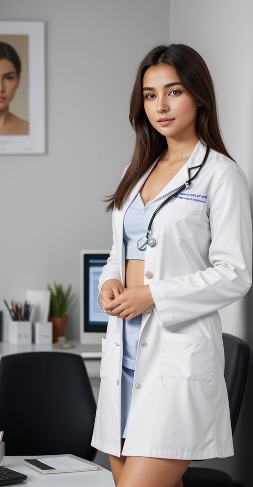 1Girl, siting, posing to the camera, whole shape girl 40 year old, with closed natural mouth, bright of lips gloss, serious mood, no makeup, look like Alina Ilnazovna Zagitova, born 18 May  in Russia, real life, looking in the direction of the camera, little hill of Venus, perfect photo realistic picture, detailed fingers, detailed realistic face with perfect shorter snub nose, attractive girl, perfect detailed tanned dark auburn colored skin, small eyes dark blue color, perfect mistery nice eyes iris, perfect detailed face with realistic complexion, skin with small pores, skin flaws, no eyes lids errors, human perfect eyes lids, symmetric detailed eyes, symmetric detailed eyeballs, photo-model, seductive gaze, perfect body natural posture, natural limbs, long legs, straight hair, long haircut dark-brown color, two arms, two legs, one head, sunny day, realistic shadows, mystical lighting, 16K, UHD, RAW Photography, body facing the viewer, showing to viewer, beautiful sweet belly, little seduce, (real shadows), cinematic light, nice fingers, real human nails, RAW, dressed in Nurse long medical coat with the button unbuttoned, so that you can see the deep nice cleavage, she sitting on the doctor's desk in the doctor's office. no comletly nude. 
Backgroun: hospital doctor offices, On the table there are containers with pens, medical equipment for medical examinations of the throat, a stethoscope, a planner, a computer monitor. around the table on the walls are posters with drawn human anatomy, the Hippocratic Oath, a smaller art painting.
She is dressed in white Nurse long medical coat with the two button unbuttoned, mini white skirt