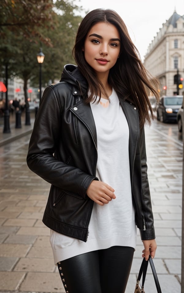 Background: Piccadilly Circus, London, United Kingdom. Lots of people, realistic bodies, perfect looking, perfectly drawn, not deformed. Perfectly detailed buildings and objects, inscriptions in English, Latin.

Dressed in: A girl dressed in a light "gray Under Armor" sweatshirt, with a hood, perfectly detailed BLACK leather pants, beige mistakes, they fit the model perfectly, on her feet are white "Under Armor" sports shoes, a small backpack on the girl's back, a prominent bust.
1Girl, Nice 21 year old girl, stands on the street i make telephon call with mobile phone, "Samsu leather jacket, next to park bench, on the promenade of Tower Bridge and the River Thames. real raindrops pour from her leather jacket. The atmosphere is peaceful and romantic. The setting sun, a vibrant orange color, is reflected on her clothes, with full body, with closed natural mouth, lips bright of lips gloss, serious mood, no makeup, look like actress, real life, perfect photo realistic picture, detailed realistic beautiful eyes, medial commissure of the eye is well defined and points downwards, eyes have a positive tilt of 8.9 degrees, sharp features, positive tilt give striking and seductive look, gray-blue- greenish color well-defined limbal rings makes eyes stand out even more, girl eyes are well perfect spaced, the sclera is white with no scleral exposure, no mistakes on the eyelids, human perfect eyelids, symmetric detailed eyes, symmetric detailed eyeballs, mysterious nice  eye iris, sharp and well defined eyes are almond-shaped, eyes length is 2.9 times greater than their eyes height, distance between the inner eye corners is the same measurement as an eye, the perfect distance between the center of the pupils corresponds to 48%, eyes are deep-set and well-adjusted in the sockets, perfect upper eyelids have minimal exposure, eyebrows are dark, thin and practically straight positively tilted, the margin between eyes and the eyebrows is small, elongated eyes and straight low eyebrows makes look unique and exotic. The nasofrontal angle is 133 degrees, perfect value, midface and nose are very attractive. Midface of girl is compact with a great 1 to 0.9 aspect ratio, her cheekbones  are moderately pronounced. Girl has a well-developed maxilla. Girl nose is small and delicate, her nostrils have a good slant. The nasofacial angle is 105 degrees, a great value, nose is thin and well proportioned, its width corresponds to ¼ of the width of the face, midl face is perfect harmonious, bridge of girl nose has a good inclination in relation to her face, nasofacial angle is 35 degrees aesthetically perfect. Realistic face with perfect shorter snub nose, attractive girl, like photo-model, (((perfectly detailed skin in a strikingly pleasant dark bronze tone))), perfectly detailed face skin complexion, narrower facial physiognomy, skin with small pores, skin flaws, skin has a warm tone, smooth and rounded contours with a good distribution face fat. Nice fingers, real human nails, seductive gaze, perfect body natural posture, natural limbs, long legs, straight hair, two arms, two legs, one head, realistic shadows, mystical lighting, 16K, UHD, RAW Photography, body facing the viewer, showing to viewer, little seduce, (real shadows), cinematic light.
Dressed in: ((light gray slim cashmere sweater, under the sweater a white shirt with thin, thick black studs, the ends of the shirt sleeves sticking out, and the collar turned over, (((black))) fitted leather pants, ankle black boots, a black sky matte bag over the shoulder.)), no thin, no skinny
