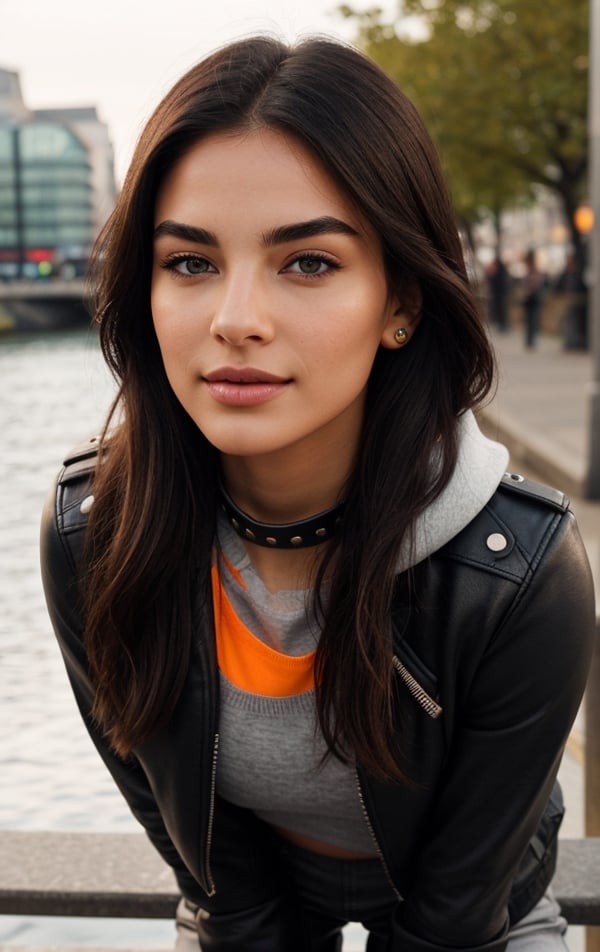 Background: Piccadilly Circus, London, United Kingdom. Lots of people, realistic bodies, perfect looking, perfectly drawn, not deformed. Perfectly detailed buildings and objects, inscriptions in English, Latin.

Dressed in: A girl dressed in a light "gray Under Armor" sweatshirt, with a hood, perfectly detailed BLACK leather pants, beige mistakes, they fit the model perfectly, on her feet are white "Under Armor" sports shoes, a small backpack on the girl's back, a prominent bust.
1Girl, Nice 21 year old girl, stands on the street i make telephon call with mobile phone, "Samsu leather jacket, next to park bench, on the promenade of Tower Bridge and the River Thames. real raindrops pour from her leather jacket. The atmosphere is peaceful and romantic. The setting sun, a vibrant orange color, is reflected on her clothes, with full body, with closed natural mouth, lips bright of lips gloss, serious mood, no makeup, look like actress, real life, perfect photo realistic picture, detailed realistic beautiful eyes, medial commissure of the eye is well defined and points downwards, eyes have a positive tilt of 8.9 degrees, sharp features, positive tilt give striking and seductive look, gray-blue- greenish color well-defined limbal rings makes eyes stand out even more, girl eyes are well perfect spaced, the sclera is white with no scleral exposure, no mistakes on the eyelids, human perfect eyelids, symmetric detailed eyes, symmetric detailed eyeballs, mysterious nice  eye iris, sharp and well defined eyes are almond-shaped, eyes length is 2.9 times greater than their eyes height, distance between the inner eye corners is the same measurement as an eye, the perfect distance between the center of the pupils corresponds to 48%, eyes are deep-set and well-adjusted in the sockets, perfect upper eyelids have minimal exposure, eyebrows are dark, thin and practically straight positively tilted, the margin between eyes and the eyebrows is small, elongated eyes and straight low eyebrows makes look unique and exotic. The nasofrontal angle is 133 degrees, perfect value, midface and nose are very attractive. Midface of girl is compact with a great 1 to 0.9 aspect ratio, her cheekbones  are moderately pronounced. Girl has a well-developed maxilla. Girl nose is small and delicate, her nostrils have a good slant. The nasofacial angle is 105 degrees, a great value, nose is thin and well proportioned, its width corresponds to ¼ of the width of the face, midl face is perfect harmonious, bridge of girl nose has a good inclination in relation to her face, nasofacial angle is 35 degrees aesthetically perfect. Realistic face with perfect shorter snub nose, attractive girl, like photo-model, (((perfectly detailed skin in a strikingly pleasant dark bronze tone))), perfectly detailed face skin complexion, narrower facial physiognomy, skin with small pores, skin flaws, skin has a warm tone, smooth and rounded contours with a good distribution face fat. Nice fingers, real human nails, seductive gaze, perfect body natural posture, natural limbs, long legs, straight hair, two arms, two legs, one head, realistic shadows, mystical lighting, 16K, UHD, RAW Photography, body facing the viewer, showing to viewer, little seduce, (real shadows), cinematic light.
Dressed in: ((light gray slim cashmere sweater, under the sweater a white shirt with thin, thick black studs, the ends of the shirt sleeves sticking out, and the collar turned over, (((black))) fitted leather pants, ankle black boots, a black sky matte bag over the shoulder.)), no thin, no skinny
