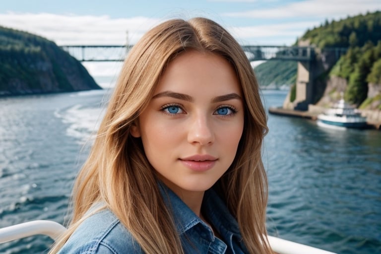 1Girl, girl standing on the bow of the ferry, posing to the camera, whole shape girl 30 year old, with closed natural mouth, lips bright of lips gloss, good mood, no makeup, look like Lena Mu born in Germany, photo credits by photographer Alex Fetter, photo model  from Instagram, Pinterest, Facebook, real life, looking in the direction of the camera, perfect photo realistic picture, detailed fingers, detailed realistic face with perfect shorter snub nose, attractive girl, perfect detailed tanned light Nordic auburn colored skin, small eyes blue color, perfect detailed face with realistic complexion and skin with small pores, straight blonde hair, long hairstyle, blonde hair, no eyes lids errors, human perfect eyes lids, symmetric detailed blue eyes, symmetric detailed eyeballs, photo-model, perfect body natural posture, natural limbs, long legs, seductive gaze seductive gaze, perfect body natural posture, natural limbs, long legs, straight hair, long haircut girl's hair is blowing in the wind, two arms, two legs, one head, sunny day, realistic shadows, mystical lighting, 16K, UHD, RAW Photography, body  showing to viewer, little seduce, (real shadows), cinematic light, nice fingers, real human nails.
Dressed dressed in a detailed beige coat and denim jeans.
Background: The bow of the SL ferry boat 89 a ship named "Kungshatt", around the ship white foam on the blue Swedish Baltic Sea, which enters through the fjords deep into Stockholm, a flock of seagulls is flying above, the blue sky is dotted with white clouds.
The ship sails gently through the blue fjords past the islands with tall forests and rocky deep shores, under the great Gröndalsbron bridge and the Grondal island with colorful old buildings, promenades by the sea with greenery and tree-lined