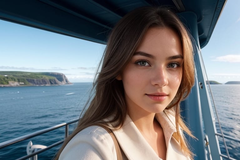 1Girl, girl standing on the bow of the ferry, posing to the camera, whole shape girl 30 year old, with closed natural mouth, lips bright of lips gloss, serious mood, no makeup, look like Lena Mu born in Germany, photo credits by photographer Alex Fetter, photo model  from Instagram, Pinterest, Facebook, real life, looking in the direction of the camera, little hill of  Venus, perfect photo realistic picture, detailed fingers, detailed realistic face with perfect shorter snub nose,  attractive girl, perfect detailed tanned light auburn colored skin, small eyes blue color, perfect detailed face with realistic complexion and skin with small pores, straight hair, long hairstyle-blonde color, no eyes lids errors, human perfect eyes lids, symmetric detailed eyes, symmetric detailed eyeballs, photo-model, perfect body natural posture, natural limbs, long legs, seductive gaze seductive gaze, perfect body natural posture, natural limbs, long legs, straight hair, long haircut brown color, two arms, two legs, one head, sunny day, realistic shadows, mystical lighting, 16K, UHD, RAW Photography, body facing the viewer, showing to viewer, beautiful sweet belly, little seduce, (real shadows), cinematic light, nice fingers, real human nails.
Dressed dressed in a detailed beige coat and denim jeans.
Background: The bow of the SL ferry boat 89 a ship named "Kungshatt", around the ship white foam on the blue Swedish Baltic Sea, which enters through the fjords deep into Stockholm, the girl's hair is blowing in the wind.
The girl is holding on to the high fence of the ship painted in white, looking contentedly into the distance of the Stolkhom sea, a flock of seagulls is flying above, the blue sky is dotted with white clouds.
The ship sails gently through the blue fjords past the islands with tall forests and rocky deep shores, under the great Gröndalsbron bridge and the Grondal island with colorful old buildings, promenades by the sea with greenery and tree-lined