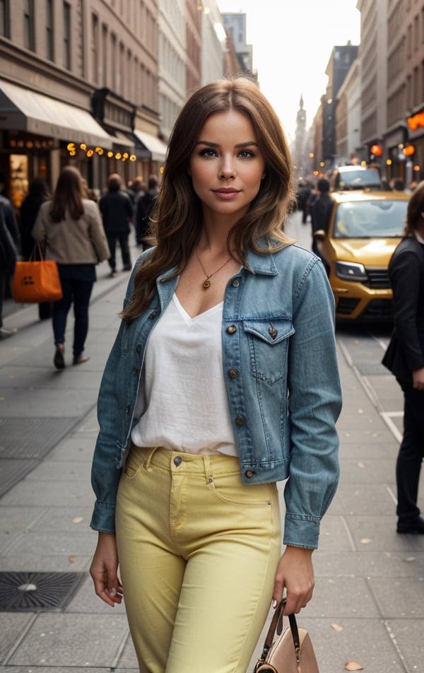 Background: Autumn. Cloudy and gloomy weather. New York's main street, full of people in a hurry on sidewalk. Really well drawn cars and taxis in a crowd on the road. (((Weak autumn sun))). Genuinely well-drawn humans, no human-New Yorker mutations. Lots of different shops on the side. Wide sidewalk, realistic shadows and texture of the sidewalk, realistic letters of inscriptions on shops and advertisements.
1Girl, 27 year old girl walking down the main street sidewalk in New york, crowd walking peoples. Model with whole body shape, with closed natural mouth, lips bright of lips gloss, serious mood, no makeup, look like English media personality, actress and singer Amanda Louise Holden, Born: February 16, 1971 Portsmouth, United Kingdom real life, looking in the direction of the camera, perfect photo realistic picture, detailed fingers, detailed realistic face with perfect shorter snub nose, attractive girl, (((perfectly detailed skin in a strikingly pleasant bronze tone))), small eyes green-olive color,mistery nice eye iris, perfectly detailed face skin complexion,narrower facial physiognomy, skin with small pores, skin flaws, no mistakes on the eyelids, human perfect eyes lids, symmetric detailed eyes, symmetric detailed eyeballs, photo-model, seductive gaze, perfect body natural posture, natural limbs, long legs,straight long light blue hair color, two arms, two legs, one head, sunny day, realistic shadows, mystical lighting, 16K, UHD, RAW Photography, body facing the viewer, showing to viewer, little seduce, (real shadows), cinematic light, nice fingers, real human nails
Dressed in "Qiaocaity" women short denim jacket, fashion, casual pockets long sleeve jacket, pastel green,(((Linen dirthy-white color shirt with motives halloween party, angry pumpkins on the roof of comby van 1966 Volkswagen T24 Split Screen, yellow-white colors, and bats flying around, tucked in the pants))), with necklace of black leather, light denim jeans on her legs, on feet black leather platform boots. 