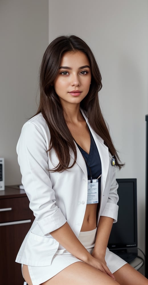 1Girl, siting, posing to the camera, whole shape girl 40 year old, with closed natural mouth, bright of lips gloss, serious mood, no makeup, look like Alina Ilnazovna Zagitova, born 18 May  in Russia, real life, looking in the direction of the camera, little hill of Venus, perfect photo realistic picture, detailed fingers, detailed realistic face with perfect shorter snub nose, attractive girl, perfect detailed tanned dark auburn colored skin, small eyes dark blue color, perfect mistery nice eyes iris, perfect detailed face with realistic complexion, skin with small pores, skin flaws, no eyes lids errors, human perfect eyes lids, symmetric detailed eyes, symmetric detailed eyeballs, photo-model, seductive gaze, perfect body natural posture, natural limbs, long legs, straight hair, long haircut dark-brown color, two arms, two legs, one head, sunny day, realistic shadows, mystical lighting, 16K, UHD, RAW Photography, body facing the viewer, showing to viewer, beautiful sweet belly, little seduce, (real shadows), cinematic light, nice fingers, real human nails, RAW, dressed in Nurse long medical coat with the button unbuttoned, so that you can see the deep nice cleavage, she sitting on the doctor's desk in the doctor's office. no comletly nude. 
Backgroun: hospital doctor offices, On the table there are containers with pens, medical equipment for medical examinations of the throat, a stethoscope, a planner, a computer monitor. around the table on the walls are posters with drawn human anatomy, the Hippocratic Oath, a smaller art painting.
She is dressed in white Nurse long medical coat with the two button unbuttoned, mini white skirt