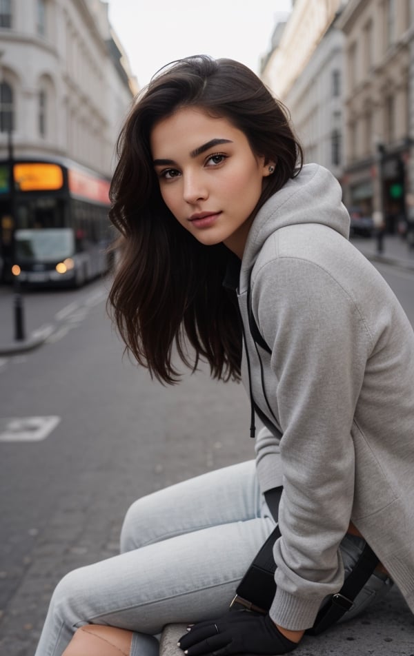 Background: Piccadilly Circus, London, United Kingdom. Lots of people, realistic bodies, perfect looking, perfectly drawn, not deformed. Perfectly detailed buildings and objects, inscriptions in English, Latin.

Dressed in: "Under Armor" sweatshirt, with a hood, perfectly fit denim jeans pants, beige mistakes, on feet white "Under Armor" snickers, a small backpack on the girl's back,pastel yellow color, prominent bust.

1Girl, Nice 21 year old girl, look like Alina Ilnazovna Zagitova, figure skater, born 18 May in Russia, stands on the street, with full body, with closed natural mouth, lips bright of lips gloss, serious mood, no makeup, look like actress, real life, perfect photo realistic picture, detailed realistic beautiful eyes, medial commissure of the eye is well defined and points downwards, eyes have a positive tilt of 8.9 degrees, sharp features, positive tilt give striking and seductive look, gray-blue- greenish color well-defined limbal rings makes eyes stand out even more, girl eyes are well perfect spaced, the sclera is white with no scleral exposure, no mistakes on the eyelids, human perfect eyelids, symmetric detailed eyes, symmetric detailed eyeballs, mysterious nice  eye iris, sharp and well defined eyes are almond-shaped, eyes length is 2.9 times greater than their eyes height, distance between the inner eye corners is the same measurement as an eye, the perfect distance between the center of the pupils corresponds to 48%, eyes are deep-set and well-adjusted in the sockets, perfect upper eyelids have minimal exposure, eyebrows are dark, thin and practically straight positively tilted, the margin between eyes and the eyebrows is small, elongated eyes and straight low eyebrows makes look unique and exotic. The nasofrontal angle is 133 degrees, perfect value, midface and nose are very attractive. Midface of girl is compact with a great 1 to 0.9 aspect ratio, her cheekbones  are moderately pronounced. Girl has a well-developed maxilla. Girl nose is small and delicate, her nostrils have a good slant. The nasofacial angle is 105 degrees, a great value, nose is thin and well proportioned, its width corresponds to ¼ of the width of the face, midl face is perfect harmonious, bridge of girl nose has a good inclination in relation to her face, nasofacial angle is 35 degrees aesthetically perfect. Realistic face with perfect shorter snub nose, attractive girl, like photo-model, (((perfectly detailed skin in a strikingly pleasant dark bronze tone))), perfectly detailed face skin complexion, narrower facial physiognomy, skin with small pores, skin flaws, skin has a warm tone, smooth and rounded contours with a good distribution face fat. Nice fingers, real human nails, seductive gaze, perfect body natural posture, natural limbs, long legs, straight hair, two arms, two legs, one head, realistic shadows, mystical lighting, 16K, UHD, RAW Photography, body facing the viewer, showing to viewer, little seduce, (real shadows), cinematic light.
Dressed in: ((light gray slim cashmere sweater, under the sweater a white shirt with thin, thick black studs, the ends of the shirt sleeves sticking out, and the collar turned over, (((black))) fitted leather pants, ankle black boots, a black sky matte bag over the shoulder.)), no thin, no skinny
