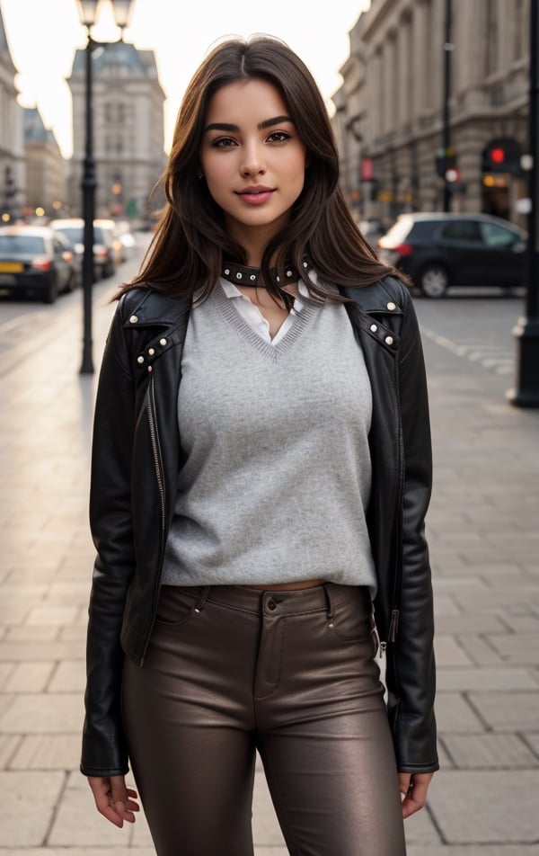 Background: Piccadilly Circus, London, United Kingdom. Lots of people, realistic bodies, perfect looking, perfectly drawn, not deformed. Perfectly detailed buildings and objects, inscriptions in English, Latin.

Dressed in: A girl dressed in a light "gray Under Armor" sweatshirt, with a hood, perfectly detailed BLACK leather pants, beige mistakes, they fit the model perfectly, on her feet are white "Under Armor" sports shoes, a small backpack on the girl's back, a prominent bust.
1Girl, Nice 21 year old girl, stands on the street i make telephon call with mobile phone, "Samsu leather jacket, next to park bench, on the promenade of Tower Bridge and the River Thames. real raindrops pour from her leather jacket. The atmosphere is peaceful and romantic. The setting sun, a vibrant orange color, is reflected on her clothes, with full body, with closed natural mouth, lips bright of lips gloss, serious mood, no makeup, look like actress, real life, perfect photo realistic picture, detailed realistic beautiful eyes, medial commissure of the eye is well defined and points downwards, eyes have a positive tilt of 8.9 degrees, sharp features, positive tilt give striking and seductive look, gray-blue- greenish color well-defined limbal rings makes eyes stand out even more, girl eyes are well perfect spaced, the sclera is white with no scleral exposure, no mistakes on the eyelids, human perfect eyelids, symmetric detailed eyes, symmetric detailed eyeballs, mysterious nice  eye iris, sharp and well defined eyes are almond-shaped, eyes length is 2.9 times greater than their eyes height, distance between the inner eye corners is the same measurement as an eye, the perfect distance between the center of the pupils corresponds to 48%, eyes are deep-set and well-adjusted in the sockets, perfect upper eyelids have minimal exposure, eyebrows are dark, thin and practically straight positively tilted, the margin between eyes and the eyebrows is small, elongated eyes and straight low eyebrows makes look unique and exotic. The nasofrontal angle is 133 degrees, perfect value, midface and nose are very attractive. Midface of girl is compact with a great 1 to 0.9 aspect ratio, her cheekbones  are moderately pronounced. Girl has a well-developed maxilla. Girl nose is small and delicate, her nostrils have a good slant. The nasofacial angle is 105 degrees, a great value, nose is thin and well proportioned, its width corresponds to ¼ of the width of the face, midl face is perfect harmonious, bridge of girl nose has a good inclination in relation to her face, nasofacial angle is 35 degrees aesthetically perfect. Realistic face with perfect shorter snub nose, attractive girl, like photo-model, (((perfectly detailed skin in a strikingly pleasant dark bronze tone))), perfectly detailed face skin complexion, narrower facial physiognomy, skin with small pores, skin flaws, skin has a warm tone, smooth and rounded contours with a good distribution face fat. Nice fingers, real human nails, seductive gaze, perfect body natural posture, natural limbs, long legs, straight hair, two arms, two legs, one head, realistic shadows, mystical lighting, 16K, UHD, RAW Photography, body facing the viewer, showing to viewer, little seduce, (real shadows), cinematic light.
Dressed in: ((light gray slim cashmere sweater, under the sweater a white shirt with thin, thick black studs, the ends of the shirt sleeves sticking out, and the collar turned over, (((black))) fitted leather pants, ankle black boots, a black sky matte bag over the shoulder.)), no thin, no skinny
