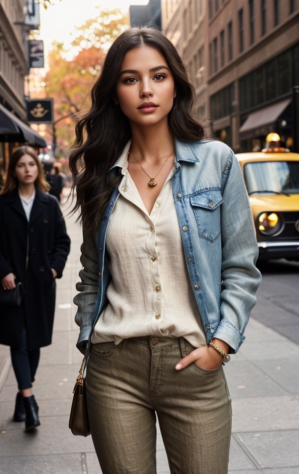 Background: Autumn. Cloudy and gloomy weather. New York's main street, full of people in a hurry on sidewalk. Really well drawn cars and taxis in a crowd on the road. (((Weak autumn sun))). Genuinely well-drawn humans, no human-New Yorker mutations. Lots of different shops on the side. Wide sidewalk, realistic shadows and texture of the sidewalk, realistic letters of inscriptions on shops and advertisements.
1Girl, 27 year old girl walking down the main street sidewalk in New york, crowd walking peoples. Model with whole body shape, with closed natural mouth, lips bright of lips gloss, serious mood, no makeup, look like Vogue model, photo-model, for Prada, Anna Sui, Bottega Venetta, Zara, Benetton, Jill Stuart and Victoria's, Audreyana Michelle, born: April, 13, in Oklahoma City, Oklahoma, U.S.  real life, looking in the direction of the camera, perfect photo realistic picture, detailed fingers, detailed realistic face with perfect shorter snub nose, attractive girl, (((perfectly detailed skin in a strikingly pleasant bronze tone))), small eyes green-olive color,mistery nice eye iris, perfectly detailed face skin complexion, narrower facial physiognomy, skin with small pores, skin flaws, no mistakes on the eyelids, human perfect eyes lids, symmetric detailed eyes, symmetric detailed eyeballs, photo-model, seductive gaze, perfect body natural posture, natural limbs, long legs,straight long dark hair color, two arms, two legs, one head, sunny day, realistic shadows, mystical lighting, 16K, UHD, RAW Photography, body facing the viewer, showing to viewer, little seduce, (real shadows), cinematic light, nice fingers, real human nails
Dressed in "Qiaocaity" women short denim jacket, fashion, casual pockets long sleeve jacket, pastel green,(((Linen dirthy-white color shirt with motives halloween party,   comby van 1966 Volkswagen T24 Split Screen, yellow-white colors, and bats flying around, tucked in the pants))), with necklace of black leather, light denim jeans on her legs, on feet black leather platform boots. 