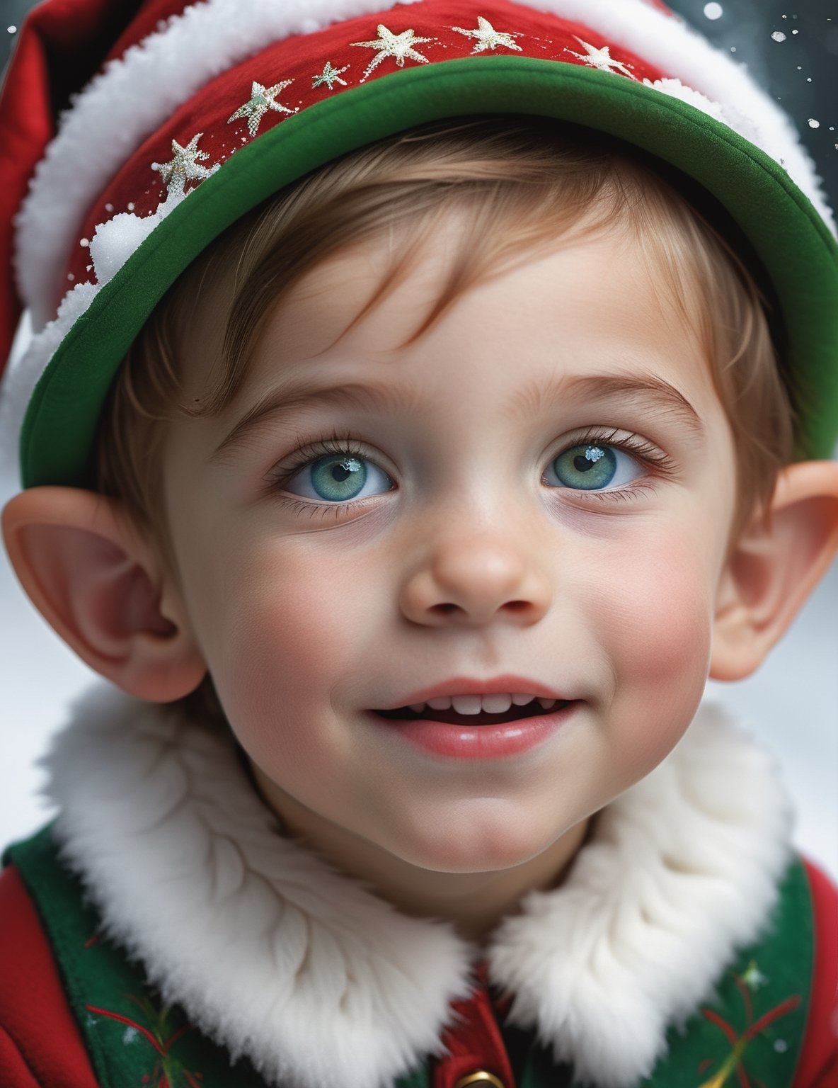 little boy realistic detailed, human boy, ((with perfect elf ears, pointed ears, elf ears, realistically detailed modeled, with make up, with plastic, on boy ears)), perfectly realistic disguise, costumed as Santa's helper, elf, detailed realistic human skin, eyes, hands, fingers, eyes, portrait with a wide-angle view, capturing the Santa Claus near boy elf, many vibrant color stars, snow faling, red, green, white color scheme, splashes, santa elf, one little cute little boy with a big smile, red cheeks, (((wearing big blue eyes))), (((red color hair))), (((wearing on had red color pointy hat conical shape with a pointed tip, folded on a third part, white round puff at the end))), (((green color wide brim at the base of hat))), (((dark_red color bangs, sticking out from under hat))), ((( red festive tunic))), (((wearing green vest with embroidered stars all over surface, with short pleated sleeves, embroidered with realistic detailed red thick thread, around a sewn row brown leather buttons, large pockets))), detailed and intricate environment, intricate image, extraordinary, artistic, ((masterpiece)), (((best quality))), ((ultra detail)), 48K, UHD, RAW image, (((high definition))), ((extremely realistic)), (reflections), nice face, perfect anatomy, simetrical eyes, detailed eyes, golden ratio, professional, highly detailed, intricate, volumetric lighting, gorgeous, masterpiece, sharp focus, depth of field, perfect composition, many vibrant color stars, snow faling, red, green, white color scheme, splashes, unreal Santa haus, snow all around, waling snow, unreal stars on night sky, Masterpiece, 1boy

#Christmas