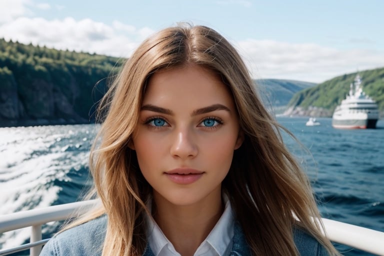 1Girl, girl standing on the bow of the ferry, posing to the camera, whole shape girl 30 year old, with closed natural mouth, lips bright of lips gloss, good mood, no makeup, look like Lena Mu born in Germany, photo credits by photographer Alex Fetter, photo model  from Instagram, Pinterest, Facebook, real life, looking in the direction of the camera, perfect photo realistic picture, detailed fingers, detailed realistic face with perfect shorter snub nose, attractive girl, perfect detailed tanned light Nordic auburn colored skin, small eyes blue color, perfect detailed face with realistic complexion and skin with small pores, straight blonde hair, long hairstyle, blonde hair, no eyes lids errors, human perfect eyes lids, symmetric detailed blue eyes, symmetric detailed eyeballs, photo-model, perfect body natural posture, natural limbs, long legs, seductive gaze seductive gaze, perfect body natural posture, natural limbs, long legs, straight hair, long haircut girl's hair is blowing in the wind, two arms, two legs, one head, sunny day, realistic shadows, mystical lighting, 16K, UHD, RAW Photography, body  showing to viewer, little seduce, (real shadows), cinematic light, nice fingers, real human nails.
Dressed dressed in a detailed beige coat and denim jeans.
Background: The bow of the SL ferry boat 89 a ship named "Kungshatt", around the ship white foam on the blue Swedish Baltic Sea, which enters through the fjords deep into Stockholm, a flock of seagulls is flying above, the blue sky is dotted with white clouds.
The ship sails gently through the blue fjords past the islands with tall forests and rocky deep shores, under the great Gröndalsbron bridge and the Grondal island with colorful old buildings, promenades by the sea with greenery and tree-lined