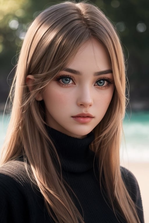 1 young girl, 25 years old, European. perfectly detailed faca skin, with small wrinkles. The eyes midlle-large, dark color, watery, slightly set. Eyeballs symmetrical detailed, perfect, no dark circles under the eyeballs, the lower part of the eyeballs, flat without an eyelid, bent at the corners, inconspicuously semicircular, the upper part of the eyeballs are with an eyelid, detailed and semicircular around the upper parts of the eyes, with long natural long eyelashes, slightly reminiscent of Asians, half-breed, eyebrows perfect, at the beginning thickers, then thinner, bent a little in the middle as if the girl is a little angry, hair color auburn blonde, hairstyle straight and long hair shaggy, casual, uncombed detailed-beautiful, lips full, young, attractive, rebellious, seductive, mouth closed , skin tanned from sunbathing. The girl's face is symmetrical in the shape of the letter "U", an enigmatic girl, wonderful beauty, wonderful young skin. Symmetrical exactly the same eyes, symmetrical eyeballs. Mystical lighting, realistic shadows, high resolution, beautiful photography, professional camera, adequate lens, 8K, UHD