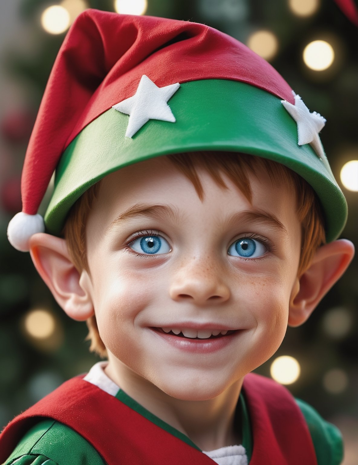 little boy realistic detailed, human boy, ((with perfect elf ears, pointed ears, elf ears, realistically detailed modeled, with make up, with plastic, on boy ears)), perfectly realistic disguise, costumed as Santa's helper, elf, detailed realistic human skin, eyes, hands, fingers, eyes, portrait with a wide-angle view, capturing the Santa Claus near boy elf, many vibrant color stars, snow faling, red, green, white color scheme, splashes, santa elf, one little cute little boy with a big smile, red cheeks, (((wearing big blue eyes))), (((red color hair))), (((wearing on had red color pointy hat conical shape with a pointed tip, folded on a third part, white round puff at the end))), (((green color wide brim at the base of hat))), (((dark_red color bangs, sticking out from under hat))), ((( red festive tunic))), (((wearing green vest with embroidered stars all over surface, with short pleated sleeves, embroidered with realistic detailed red thick thread, around a sewn row brown leather buttons, large pockets))), detailed and intricate environment, intricate image, extraordinary, artistic, ((masterpiece)), (((best quality))), ((ultra detail)), 48K, UHD, RAW image, (((high definition))), ((extremely realistic)), (reflections), nice face, perfect anatomy, simetrical eyes, detailed eyes, golden ratio, professional, highly detailed, intricate, volumetric lighting, gorgeous, masterpiece, sharp focus, depth of field, perfect composition, Masterpiece, 1boy

#Christmas