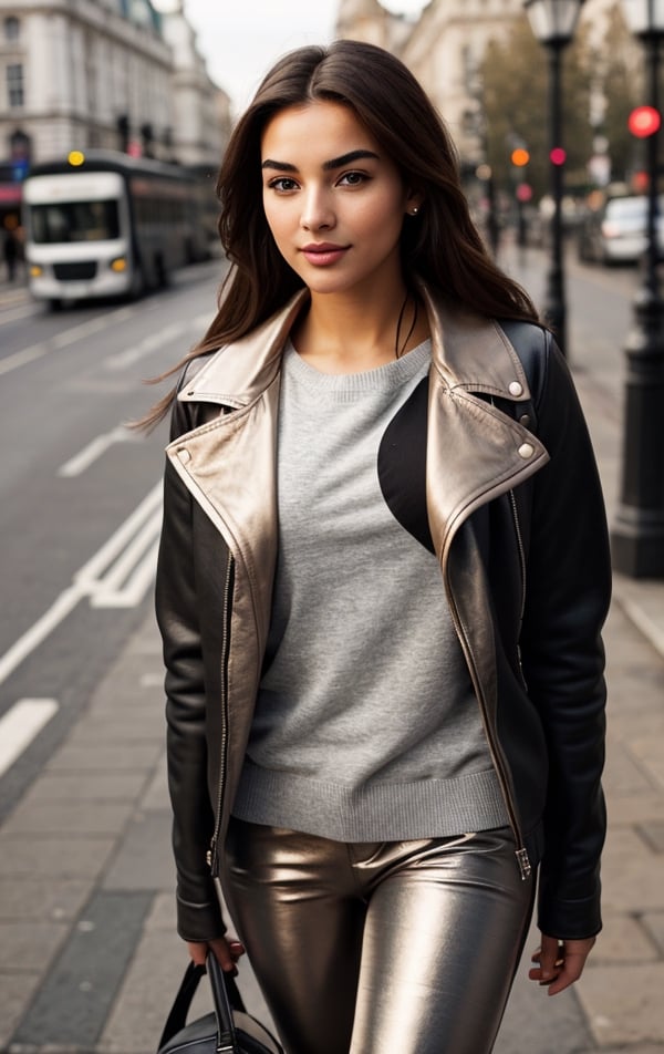 Background: Piccadilly Circus, London, United Kingdom. Lots of people, realistic bodies, perfect looking, perfectly drawn, not deformed. Perfectly detailed buildings and objects, inscriptions in English, Latin.

Dressed in: A girl dressed in a light "gray Under Armor" sweatshirt, with a hood, perfectly detailed BLACK leather pants, beige mistakes, they fit the model perfectly, on her feet are white "Under Armor" sports shoes, a small backpack on the girl's back, a prominent bust.
1Girl, Nice 21 year old girl, stands on the street i make telephon call with mobile phone, "Samsu leather jacket, next to park bench, on the promenade of Tower Bridge and the River Thames. real raindrops pour from her leather jacket. The atmosphere is peaceful and romantic. The setting sun, a vibrant orange color, is reflected on her clothes, with full body, with closed natural mouth, lips bright of lips gloss, serious mood, no makeup, look like actress, real life, perfect photo realistic picture, detailed realistic beautiful eyes, medial commissure of the eye is well defined and points downwards, eyes have a positive tilt of 8.9 degrees, sharp features, positive tilt give striking and seductive look, gray-blue- greenish color well-defined limbal rings makes eyes stand out even more, girl eyes are well perfect spaced, the sclera is white with no scleral exposure, no mistakes on the eyelids, human perfect eyelids, symmetric detailed eyes, symmetric detailed eyeballs, mysterious nice  eye iris, sharp and well defined eyes are almond-shaped, eyes length is 2.9 times greater than their eyes height, distance between the inner eye corners is the same measurement as an eye, the perfect distance between the center of the pupils corresponds to 48%, eyes are deep-set and well-adjusted in the sockets, perfect upper eyelids have minimal exposure, eyebrows are dark, thin and practically straight positively tilted, the margin between eyes and the eyebrows is small, elongated eyes and straight low eyebrows makes look unique and exotic. The nasofrontal angle is 133 degrees, perfect value, midface and nose are very attractive. Midface of girl is compact with a great 1 to 0.9 aspect ratio, her cheekbones  are moderately pronounced. Girl has a well-developed maxilla. Girl nose is small and delicate, her nostrils have a good slant. The nasofacial angle is 105 degrees, a great value, nose is thin and well proportioned, its width corresponds to ¼ of the width of the face, midl face is perfect harmonious, bridge of girl nose has a good inclination in relation to her face, nasofacial angle is 35 degrees aesthetically perfect. Realistic face with perfect shorter snub nose, attractive girl, like photo-model, (((perfectly detailed skin in a strikingly pleasant dark bronze tone))), perfectly detailed face skin complexion, narrower facial physiognomy, skin with small pores, skin flaws, skin has a warm tone, smooth and rounded contours with a good distribution face fat. Nice fingers, real human nails, seductive gaze, perfect body natural posture, natural limbs, long legs, straight hair, two arms, two legs, one head, realistic shadows, mystical lighting, 16K, UHD, RAW Photography, body facing the viewer, showing to viewer, little seduce, (real shadows), cinematic light.
Dressed in: ((light gray slim cashmere sweater, under the sweater a white shirt with thin, thick black studs, the ends of the shirt sleeves sticking out, and the collar turned over, (((black))) fitted leather pants, ankle black boots, a black sky matte bag over the shoulder.)), no thin, no skinny
