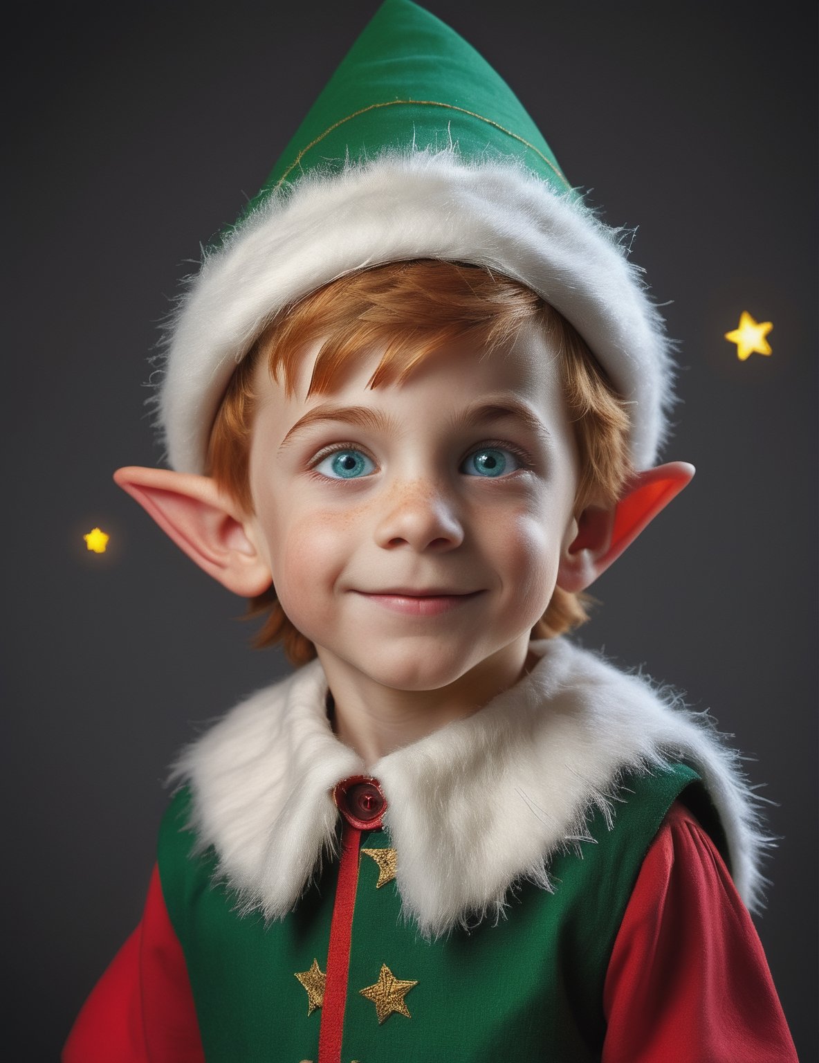 little boy realistic detailed, human boy, ((with perfect elf ears, pointed ears, elf ears, realistically detailed modeled, with make up, with plastic, on boy ears)), perfectly realistic disguise, costumed as Santa's helper, elf, detailed realistic human skin, eyes, hands, fingers, eyes, portrait with a wide-angle view, capturing the Santa Claus near boy elf, many vibrant color stars, snow faling, red, green, white color scheme, splashes, santa elf, one little cute little boy with a big smile, red cheeks, (((wearing big blue eyes))), (((red color hair))), (((wearing on had red color pointy hat conical shape with a pointed tip, folded on a third part, white round puff at the end))), (((green color wide brim at the base of hat))), (((dark_red color bangs, sticking out from under hat))), ((( red festive tunic))), (((wearing green vest with embroidered stars all over surface, with short pleated sleeves, embroidered with realistic detailed red thick thread, around a sewn row brown leather buttons, large pockets))), detailed and intricate environment, intricate image, extraordinary, artistic, ((masterpiece)), (((best quality))), ((ultra detail)), 48K, UHD, RAW image, (((high definition))), ((extremely realistic)), (reflections), nice face, perfect anatomy, simetrical eyes, detailed eyes, golden ratio, professional, highly detailed, intricate, volumetric lighting, gorgeous, masterpiece, sharp focus, depth of field, perfect composition, Masterpiece, 1boy

#Christmas