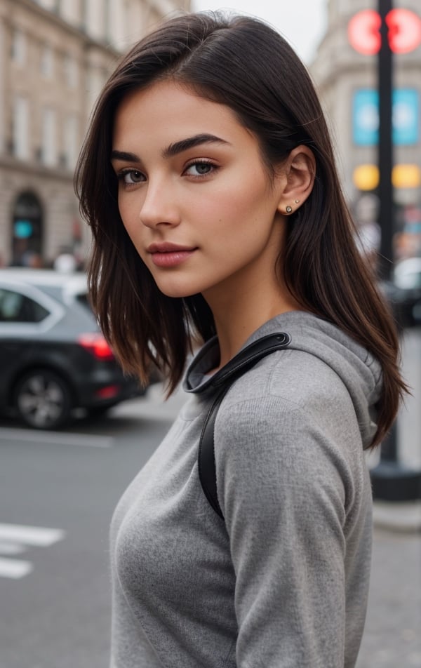 Background: Piccadilly Circus, London, United Kingdom. Lots of people, realistic bodies, perfect looking, perfectly drawn, not deformed. Perfectly detailed buildings and objects, inscriptions in English, Latin.

Dressed in: "gray Under Armor" sweatshirt, with a hood, perfectly detailed BLACK leather pants black color, beige mistakes, they fit the model perfectly, on her feet are white "Under Armor" sports shoes, a small backpack on the girl's back, a prominent bust.
1Girl, Nice 21 year old girl, look like Alina Ilnazovna Zagitova, born 18 May in Russia, stands on the street, with full body, with closed natural mouth, lips bright of lips gloss, serious mood, no makeup, look like actress, real life, perfect photo realistic picture, detailed realistic beautiful eyes, medial commissure of the eye is well defined and points downwards, eyes have a positive tilt of 8.9 degrees, sharp features, positive tilt give striking and seductive look, gray-blue- greenish color well-defined limbal rings makes eyes stand out even more, girl eyes are well perfect spaced, the sclera is white with no scleral exposure, no mistakes on the eyelids, human perfect eyelids, symmetric detailed eyes, symmetric detailed eyeballs, mysterious nice  eye iris, sharp and well defined eyes are almond-shaped, eyes length is 2.9 times greater than their eyes height, distance between the inner eye corners is the same measurement as an eye, the perfect distance between the center of the pupils corresponds to 48%, eyes are deep-set and well-adjusted in the sockets, perfect upper eyelids have minimal exposure, eyebrows are dark, thin and practically straight positively tilted, the margin between eyes and the eyebrows is small, elongated eyes and straight low eyebrows makes look unique and exotic. The nasofrontal angle is 133 degrees, perfect value, midface and nose are very attractive. Midface of girl is compact with a great 1 to 0.9 aspect ratio, her cheekbones  are moderately pronounced. Girl has a well-developed maxilla. Girl nose is small and delicate, her nostrils have a good slant. The nasofacial angle is 105 degrees, a great value, nose is thin and well proportioned, its width corresponds to ¼ of the width of the face, midl face is perfect harmonious, bridge of girl nose has a good inclination in relation to her face, nasofacial angle is 35 degrees aesthetically perfect. Realistic face with perfect shorter snub nose, attractive girl, like photo-model, (((perfectly detailed skin in a strikingly pleasant dark bronze tone))), perfectly detailed face skin complexion, narrower facial physiognomy, skin with small pores, skin flaws, skin has a warm tone, smooth and rounded contours with a good distribution face fat. Nice fingers, real human nails, seductive gaze, perfect body natural posture, natural limbs, long legs, straight hair, two arms, two legs, one head, realistic shadows, mystical lighting, 16K, UHD, RAW Photography, body facing the viewer, showing to viewer, little seduce, (real shadows), cinematic light.
Dressed in: ((light gray slim cashmere sweater, under the sweater a white shirt with thin, thick black studs, the ends of the shirt sleeves sticking out, and the collar turned over, (((black))) fitted leather pants, ankle black boots, a black sky matte bag over the shoulder.)), no thin, no skinny
