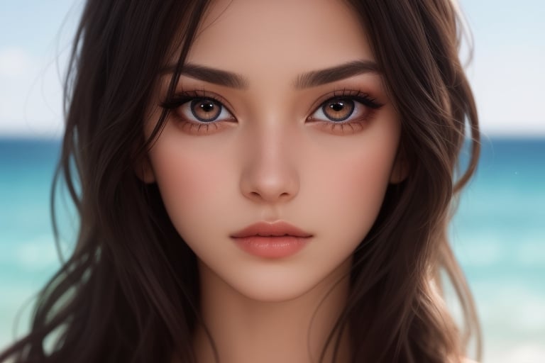 A young girl around 22 years old, European. Perfectly detailed facial skin, with small wrinkles. The eyes are large, dark in color, watery, slightly set. Eyeballs symmetrical detailed, perfect. There are no dark circles under the eyeballs, the lower part of the eyeballs is flat, a little semi-circular, the upper part of the eyeballs with an eyelid, detailed and semi-circular around the eyes, with Dučak's natural long eyelashes, a little visit to Asians, half-breeds, perfect eyebrows bent upwards as if it were a girl a little angry, chestnut brown hair, shaggy, full lips, young, attractive, rebellious, seductive, skin tanned from sunbathing. Enigmatic girl, wonderful beauty, wonderful young skin. Symmetrical exactly the same eyes, symmetrical eyeballs. Mystical lighting, realistic shadows, high resolution, beautiful photography, professional camera, adequate lens, 8K, UHD