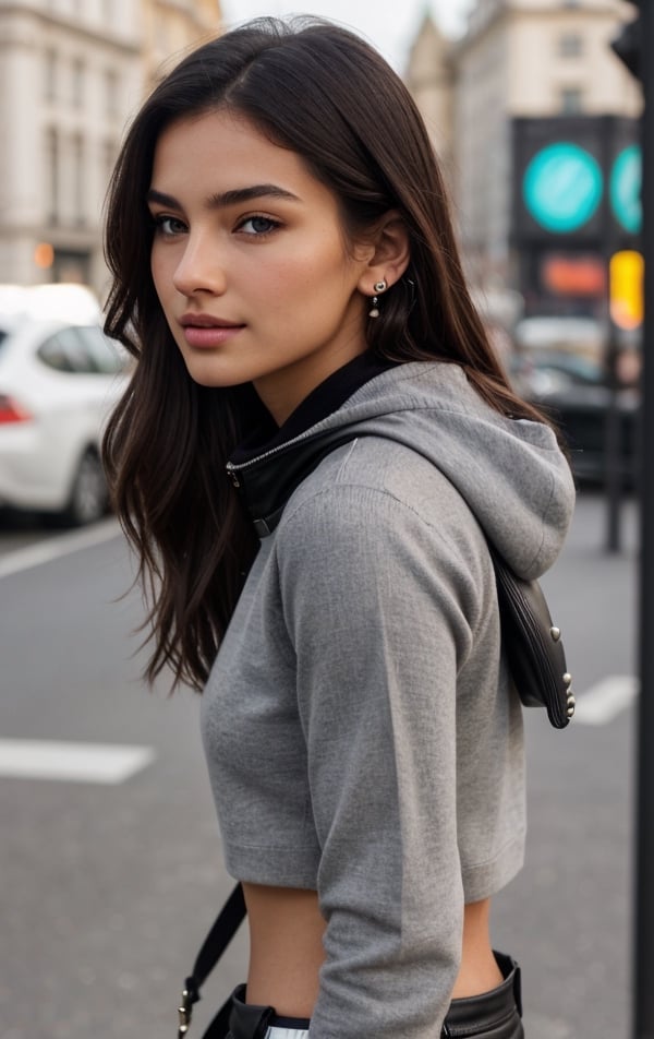 Background: Piccadilly Circus, London, United Kingdom. Lots of people, realistic bodies, perfect looking, perfectly drawn, not deformed. Perfectly detailed buildings and objects, inscriptions in English, Latin.

Dressed in: "Under Armor" sweatshirt, with a hood, perfectly fit denim jeans pants, beige mistakes, on feet white "Under Armor" snickers, a small backpack on the girl's back,pastel yellow color, prominent bust.

1Girl, Nice 21 year old girl, look like Alina Ilnazovna Zagitova, figure skater, born 18, May in Russia, stands on the street with full body, with closed natural mouth, lips bright of lips gloss, serious mood, no makeup, real life, perfect photo realistic picture, poses to camera,body standing turned 45 degrees narrows the body and  better body shape, detailed realistic beautiful eyes, medial commissure of the eye is well defined and points downwards, eyes have a positive tilt of 8.9 degrees, sharp features, positive tilt give striking and seductive look, gray-blue- greenish color well-defined limbal rings makes eyes stand out even more, girl eyes are well perfect spaced, the sclera is white with no scleral exposure, no mistakes on the eyelids, human perfect eyelids, symmetric detailed eyes, symmetric detailed eyeballs, mysterious nice  eye iris, sharp and well defined eyes are almond-shaped, eyes length is 2.9 times greater than their eyes height, distance between the inner eye corners is the same measurement as an eye, the perfect distance between the center of the pupils corresponds to 48%, eyes are deep-set and well-adjusted in the sockets, perfect upper eyelids have minimal exposure, eyebrows are dark, thin and practically straight positively tilted, the margin between eyes and the eyebrows is small, elongated eyes and straight low eyebrows makes look unique and exotic. The nasofrontal angle is 133 degrees, perfect value, midface and nose are very attractive. Midface of girl is compact with a great 1 to 0.9 aspect ratio, her cheekbones  are moderately pronounced. Girl has a well-developed maxilla. Girl nose is small and delicate, her nostrils have a good slant. The nasofacial angle is 105 degrees, a great value, nose is thin and well proportioned, its width corresponds to ¼ of the width of the face, midl face is perfect harmonious, bridge of girl nose has a good inclination in relation to her face, nasofacial angle is 35 degrees aesthetically perfect. Realistic face with perfect shorter snub nose, attractive girl, like photo-model, (((perfectly detailed skin in a strikingly pleasant dark bronze tone))), perfectly detailed face skin complexion, narrower facial physiognomy, skin with small pores, skin flaws, skin has a warm tone, smooth and rounded contours with a good distribution face fat. Nice fingers, real human nails, seductive gaze, perfect body natural posture, natural limbs, long legs, straight hair, two arms, two legs, one head, realistic shadows, mystical lighting, 16K, UHD, RAW Photography, body facing the viewer, showing to viewer, little seduce, (real shadows), cinematic light.
Dressed in: ((light gray slim cashmere sweater, under the sweater a white shirt with thin, thick black studs, the ends of the shirt sleeves sticking out, and the collar turned over, (((black))) fitted leather pants, ankle black boots, a black sky matte bag over the shoulder.)), no thin, no skinny
