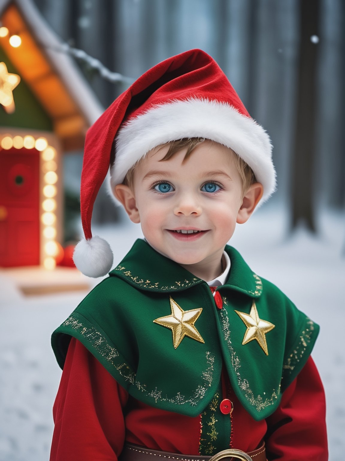 little boy realistic detailed, human boy, ((with perfect elf ears, pointed ears, elf ears, realistically detailed modeled, with make up, with plastic, on boy ears)), perfectly realistic disguise, costumed as Santa's helper, elf, detailed realistic human skin, eyes, hands, fingers, eyes, portrait with a wide-angle view, capturing the Santa Claus near boy elf, many vibrant color stars, snow faling, red, green, white color scheme, splashes, santa elf, one little cute little boy with a big smile, red cheeks, (((wearing big blue eyes))), (((red color hair))), (((wearing on had red color pointy hat conical shape with a pointed tip, folded on a third part, white round puff at the end))), (((green color wide brim at the base of hat))), (((dark_red color bangs, sticking out from under hat))), ((( red festive tunic))), (((wearing green vest with embroidered stars all over surface, with short pleated sleeves, embroidered with realistic detailed red thick thread, around a sewn row brown leather buttons, large pockets))), detailed and intricate environment, intricate image, extraordinary, artistic, ((masterpiece)), (((best quality))), ((ultra detail)), 48K, UHD, RAW image, (((high definition))), ((extremely realistic)), (reflections), nice face, perfect anatomy, simetrical eyes, detailed eyes, golden ratio, professional, highly detailed, intricate, volumetric lighting, gorgeous, masterpiece, sharp focus, depth of field, perfect composition, many vibrant color stars, snow faling, red, green, white color scheme, splashes, unreal Santa haus, snow all around, waling snow, unreal stars on night sky, Masterpiece, 1boy

#Christmas