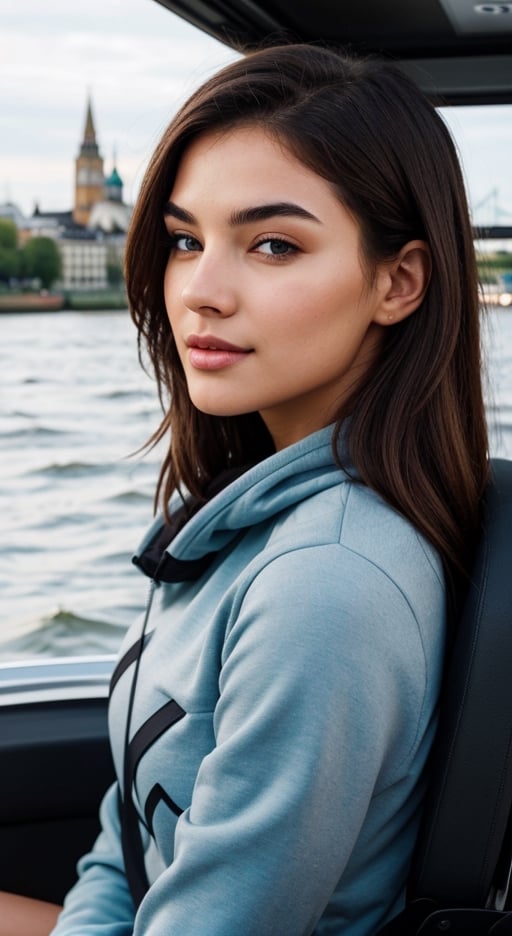 Background: London, Uber Boat on river  Thames. Uber Boat is a river bus service on the River Thames in London, England. Uber Boat by Thames Clippers stops at 24 piers along the Thames between Barking Riverside Pier in the East and Putney Pier in the West. Services run from early in the morning until late at night 7 days a week. 
The Uber Boat on river Thames. Photo by:Kate Duffy/Insider

Dressed in: "Under Armor" sweatshirt, with a hood random color, jeans pants, on feet white "Under Armor" snickers, a small backpack on the girl's back, pastel yellow color, prominent bust.


1Girl, Nice 21 year old girl, look like Alina Ilnazovna Zagitova, figure skater, born 18, May in Russia, sits on the seat inside the Uber boat river taxi which sails, with closed natural mouth, lips bright of lips gloss, serious mood, no makeup, real life, perfect photo realistic picture, poses to camera, body standing turned 45 degrees narrows the body and better body shape, detailed realistic beautiful eyes, medial commissure of the eye is well defined and points downwards, eyes have a positive tilt of 8.9 degrees, sharp features, positive tilt give striking and seductive look, gray-blue- greenish color well-defined limbal rings makes eyes stand out even more, girl eyes are well perfect spaced, the sclera is white with no scleral exposure, no mistakes on the eyelids, human perfect eyelids, symmetric detailed eyes, symmetric detailed eyeballs, mysterious nice eye iris, sharp and well defined eyes are almond-shaped, eyes length is 2.9 times greater than their eyes height, distance between the inner eye corners is the same measurement as an eye, the perfect distance between the center of the pupils corresponds to 48%!,(MISSING) eyes are deep-set and well-adjusted in the sockets, perfect upper eyelids have minimal exposure, eyebrows are dark, thin and practically straight positively tilted, the margin between eyes and the eyebrows is small, elongated eyes and straight low eyebrows makes look unique and exotic. The nasofrontal angle is 133 degrees, perfect value, midface and nose are very attractive. Midface of girl is compact with a great 1 to 0.9 aspect ratio, her cheekbones are moderately pronounced. Girl has a well-developed maxilla. Girl nose is small and delicate, her nostrils have a good slant. The nasofacial angle is 105 degrees, a great value, nose is thin and well proportioned, its width corresponds to ¼ of the width of the face, midl face is perfect harmonious, bridge of girl nose has a good inclination in relation to her face, nasofacial angle is 35 degrees aesthetically perfect. Realistic face with perfect shorter snub nose, attractive girl, like photo-model, (((perfectly detailed skin in a strikingly pleasant dark bronze tone))), perfectly detailed face skin complexion, narrower facial physiognomy, skin with small pores, skin flaws, skin has a warm tone, smooth and rounded contours with a good distribution face fat. Nice fingers, real human nails, seductive gaze, perfect body natural posture, natural limbs, long legs, straight hair, two arms, two legs, one head, realistic shadows, mystical lighting, 16K, UHD, RAW Photography, body facing the viewer, showing to viewer, little seduce, (real shadows), cinematic light.
