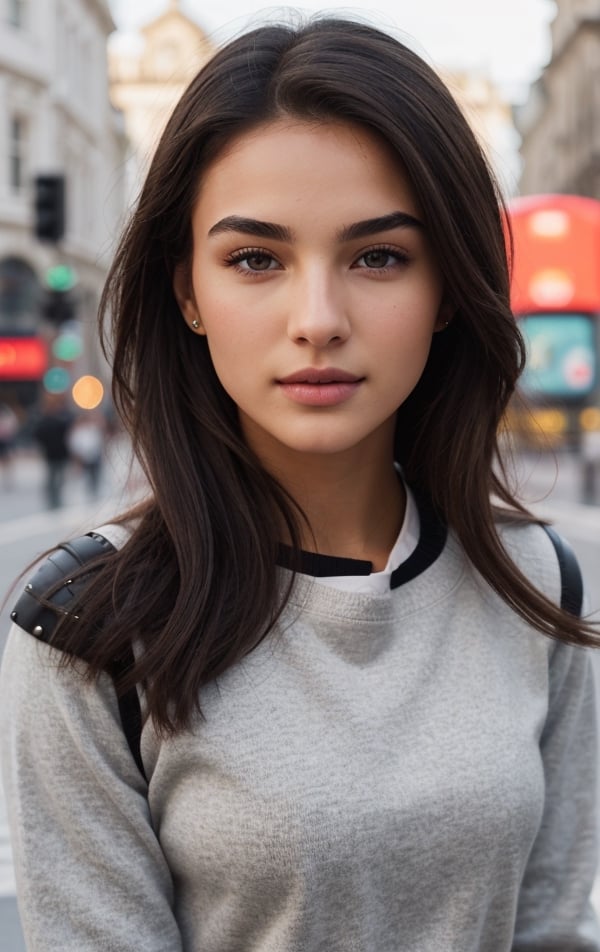 Background: Piccadilly Circus, London, United Kingdom. Lots of people, realistic bodies, perfect looking, perfectly drawn, not deformed. Perfectly detailed buildings and objects, inscriptions in English, Latin.

Dressed in: "Under Armor" sweatshirt, with a hood, perfectly fit denim jeans pants, beige mistakes, on feet white "Under Armor" snickers, a small backpack on the girl's back,pastel yellow color, prominent bust.

1Girl, Nice 21 year old girl, look like Alina Ilnazovna Zagitova, figure skater, born 18 May in Russia, stands on the street, with full body, with closed natural mouth, lips bright of lips gloss, serious mood, no makeup, look like actress, real life, perfect photo realistic picture, detailed realistic beautiful eyes, medial commissure of the eye is well defined and points downwards, eyes have a positive tilt of 8.9 degrees, sharp features, positive tilt give striking and seductive look, gray-blue- greenish color well-defined limbal rings makes eyes stand out even more, girl eyes are well perfect spaced, the sclera is white with no scleral exposure, no mistakes on the eyelids, human perfect eyelids, symmetric detailed eyes, symmetric detailed eyeballs, mysterious nice  eye iris, sharp and well defined eyes are almond-shaped, eyes length is 2.9 times greater than their eyes height, distance between the inner eye corners is the same measurement as an eye, the perfect distance between the center of the pupils corresponds to 48%, eyes are deep-set and well-adjusted in the sockets, perfect upper eyelids have minimal exposure, eyebrows are dark, thin and practically straight positively tilted, the margin between eyes and the eyebrows is small, elongated eyes and straight low eyebrows makes look unique and exotic. The nasofrontal angle is 133 degrees, perfect value, midface and nose are very attractive. Midface of girl is compact with a great 1 to 0.9 aspect ratio, her cheekbones  are moderately pronounced. Girl has a well-developed maxilla. Girl nose is small and delicate, her nostrils have a good slant. The nasofacial angle is 105 degrees, a great value, nose is thin and well proportioned, its width corresponds to ¼ of the width of the face, midl face is perfect harmonious, bridge of girl nose has a good inclination in relation to her face, nasofacial angle is 35 degrees aesthetically perfect. Realistic face with perfect shorter snub nose, attractive girl, like photo-model, (((perfectly detailed skin in a strikingly pleasant dark bronze tone))), perfectly detailed face skin complexion, narrower facial physiognomy, skin with small pores, skin flaws, skin has a warm tone, smooth and rounded contours with a good distribution face fat. Nice fingers, real human nails, seductive gaze, perfect body natural posture, natural limbs, long legs, straight hair, two arms, two legs, one head, realistic shadows, mystical lighting, 16K, UHD, RAW Photography, body facing the viewer, showing to viewer, little seduce, (real shadows), cinematic light.
Dressed in: ((light gray slim cashmere sweater, under the sweater a white shirt with thin, thick black studs, the ends of the shirt sleeves sticking out, and the collar turned over, (((black))) fitted leather pants, ankle black boots, a black sky matte bag over the shoulder.)), no thin, no skinny
