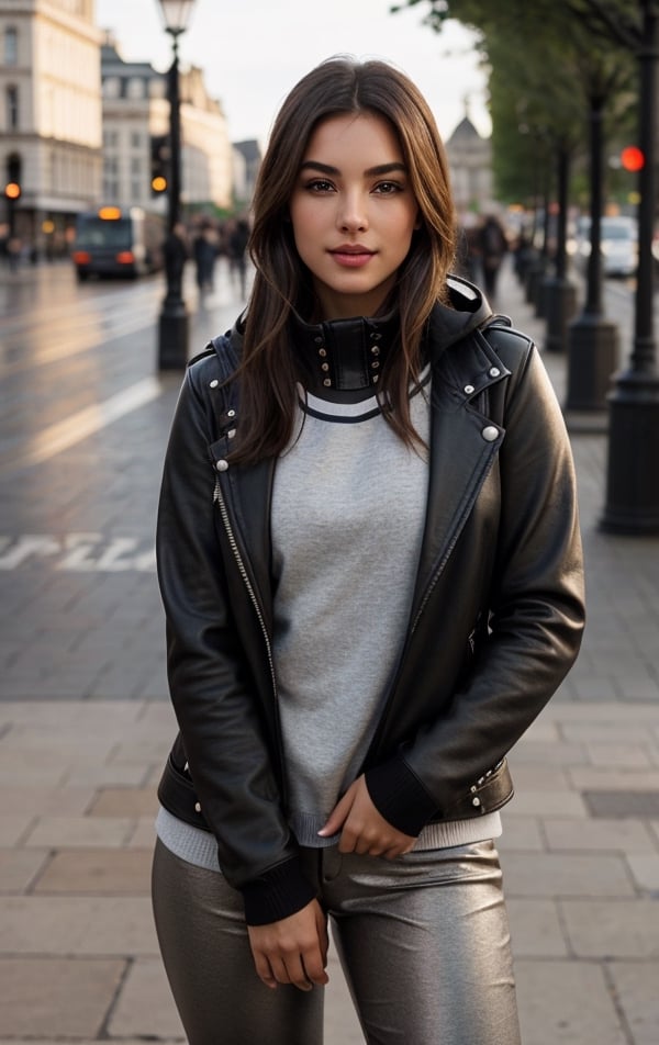 Background: Piccadilly Circus, London, United Kingdom. Lots of people, realistic bodies, perfect looking, perfectly drawn, not deformed. Perfectly detailed buildings and objects, inscriptions in English, Latin.

Dressed in: A girl dressed in a light "gray Under Armor" sweatshirt, with a hood, perfectly detailed BLACK leather pants, beige mistakes, they fit the model perfectly, on her feet are white "Under Armor" sports shoes, a small backpack on the girl's back, a prominent bust.
1Girl, Nice 21 year old girl, stands on the street i make telephon call with mobile phone, "Samsu leather jacket, next to park bench, on the promenade of Tower Bridge and the River Thames. real raindrops pour from her leather jacket. The atmosphere is peaceful and romantic. The setting sun, a vibrant orange color, is reflected on her clothes, with full body, with closed natural mouth, lips bright of lips gloss, serious mood, no makeup, look like actress, real life, perfect photo realistic picture, detailed realistic beautiful eyes, medial commissure of the eye is well defined and points downwards, eyes have a positive tilt of 8.9 degrees, sharp features, positive tilt give striking and seductive look, gray-blue- greenish color well-defined limbal rings makes eyes stand out even more, girl eyes are well perfect spaced, the sclera is white with no scleral exposure, no mistakes on the eyelids, human perfect eyelids, symmetric detailed eyes, symmetric detailed eyeballs, mysterious nice  eye iris, sharp and well defined eyes are almond-shaped, eyes length is 2.9 times greater than their eyes height, distance between the inner eye corners is the same measurement as an eye, the perfect distance between the center of the pupils corresponds to 48%, eyes are deep-set and well-adjusted in the sockets, perfect upper eyelids have minimal exposure, eyebrows are dark, thin and practically straight positively tilted, the margin between eyes and the eyebrows is small, elongated eyes and straight low eyebrows makes look unique and exotic. The nasofrontal angle is 133 degrees, perfect value, midface and nose are very attractive. Midface of girl is compact with a great 1 to 0.9 aspect ratio, her cheekbones  are moderately pronounced. Girl has a well-developed maxilla. Girl nose is small and delicate, her nostrils have a good slant. The nasofacial angle is 105 degrees, a great value, nose is thin and well proportioned, its width corresponds to ¼ of the width of the face, midl face is perfect harmonious, bridge of girl nose has a good inclination in relation to her face, nasofacial angle is 35 degrees aesthetically perfect. Realistic face with perfect shorter snub nose, attractive girl, like photo-model, (((perfectly detailed skin in a strikingly pleasant dark bronze tone))), perfectly detailed face skin complexion, narrower facial physiognomy, skin with small pores, skin flaws, skin has a warm tone, smooth and rounded contours with a good distribution face fat. Nice fingers, real human nails, seductive gaze, perfect body natural posture, natural limbs, long legs, straight hair, two arms, two legs, one head, realistic shadows, mystical lighting, 16K, UHD, RAW Photography, body facing the viewer, showing to viewer, little seduce, (real shadows), cinematic light.
Dressed in: ((light gray slim cashmere sweater, under the sweater a white shirt with thin, thick black studs, the ends of the shirt sleeves sticking out, and the collar turned over, (((black))) fitted leather pants, ankle black boots, a black sky matte bag over the shoulder.)), no thin, no skinny
