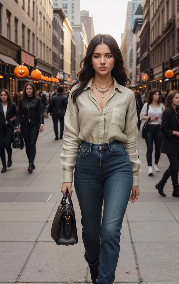 Background: Autumn. Cloudy and gloomy weather. New York's main street, full of people in a hurry on sidewalk. Really well drawn cars and taxis in a crowd on the road. (((Weak autumn sun))). Genuinely well-drawn humans, no human-New Yorker mutations. Lots of different shops on the side. Wide sidewalk, realistic shadows and texture of the sidewalk, realistic letters of inscriptions on shops and advertisements.
1Girl, 27 year old girl walking down the main street sidewalk in New york, crowd walking peoples. Model with whole body shape, with closed natural mouth, lips bright of lips gloss, serious mood, no makeup, look like Vogue model, photo-model, for Prada, Anna Sui, Bottega Venetta, Zara, Benetton, Jill Stuart and Victoria's, Audreyana Michelle, born: April, 13, in Oklahoma City, Oklahoma, U.S.  real life, looking in the direction of the camera, perfect photo realistic picture, detailed fingers, detailed realistic face with perfect shorter snub nose, attractive girl, (((perfectly detailed skin in a strikingly pleasant bronze tone))), small eyes green-olive color,mistery nice eye iris, perfectly detailed face skin complexion, narrower facial physiognomy, skin with small pores, skin flaws, no mistakes on the eyelids, human perfect eyes lids, symmetric detailed eyes, symmetric detailed eyeballs, photo-model, seductive gaze, perfect body natural posture, natural limbs, long legs,straight long dark hair color, two arms, two legs, one head, sunny day, realistic shadows, mystical lighting, 16K, UHD, RAW Photography, body facing the viewer, showing to viewer, little seduce, (real shadows), cinematic light, nice fingers, real human nails
Dressed in "Qiaocaity" women short denim jacket, fashion, casual pockets long sleeve jacket, pastel green,(((Linen dirthy-white color shirt with motives halloween party, angry pumpkins on the roof of comby van 1966 Volkswagen T24 Split Screen, yellow-white colors, and bats flying around, tucked in the pants))), with necklace of black leather, light denim jeans on her legs, on feet black leather platform boots. 