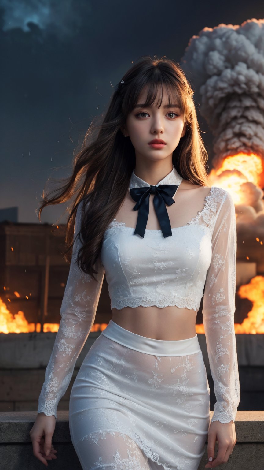 (((masterpiece))),best quality, illustration,(beautiful detailed girl),beautiful detailed glow,((flames of war)),(((nuclear explosion behide))),rain,detailed lighting,detailed water,(beautiful detailed eyes),expressionless,palace,azure hair,disheveled hair,long bangs,hairs between eyes,(whitegrey dress),black ribbon,white bowties,midriff,big forhead,blank stare,flower,long sleeves