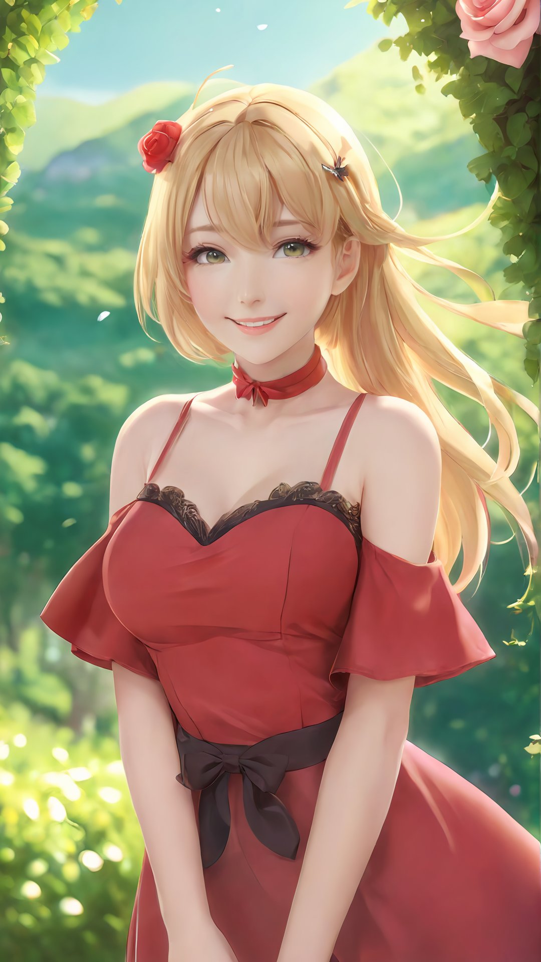 ((best quality)), ((masterpiece)), ((best illustration)), ((anime artwork)), 1girl, smile, light, red short dress, flower, rose_hairpin, outdoors, landscape, depth of field, blonde hair, beautifull eyes, choker, butterfly, big_boobies, no brand girls, on eye level, scenic