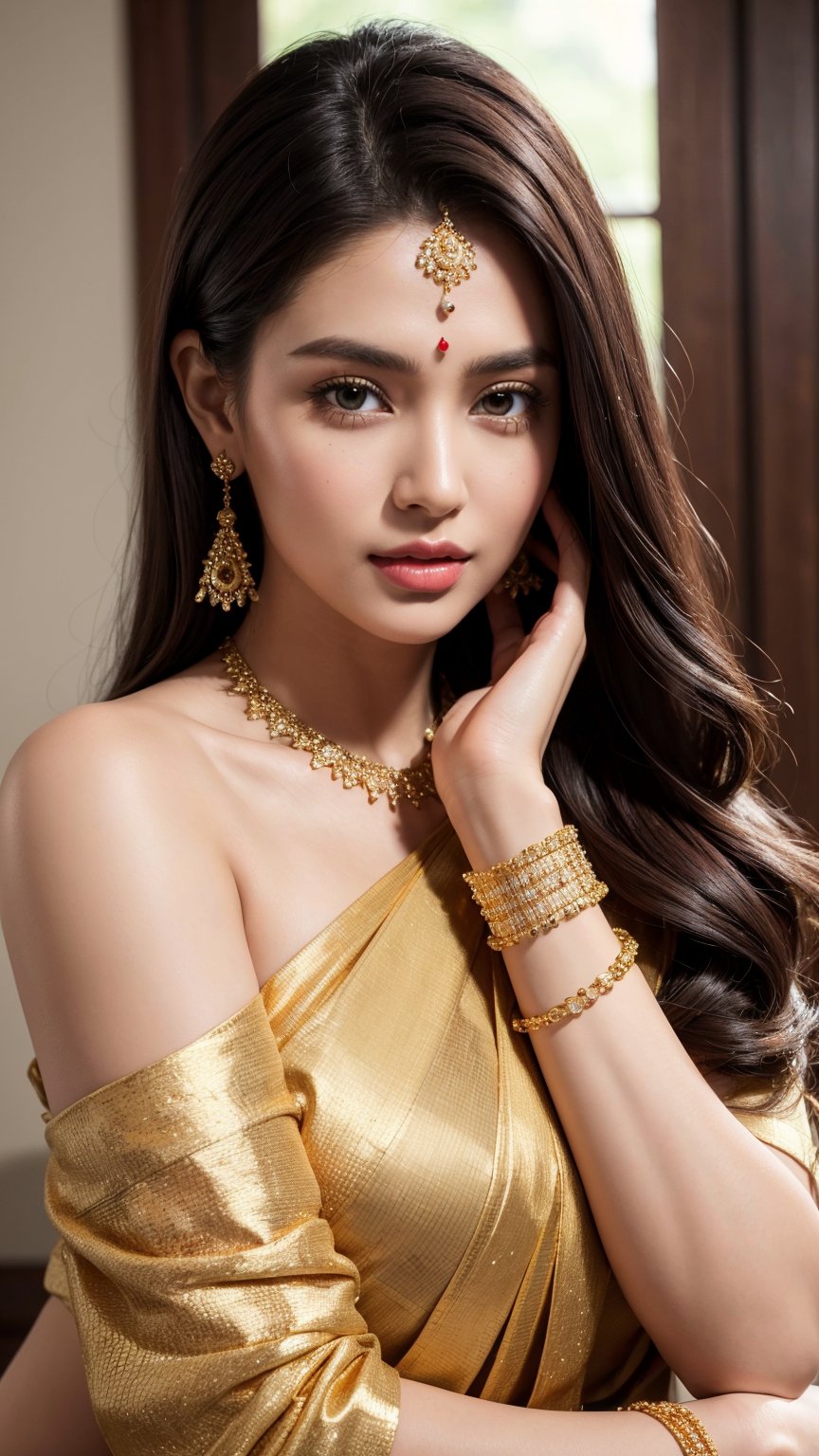 identical face, a 35year gorgeous woman with dark hair, elegant indian- woman, tight thai,  dark brown aerola, realistic, body height 5.5 feet, realistic image, yellow saree red blause, gold necklace, diamond bracelet,hot look, 