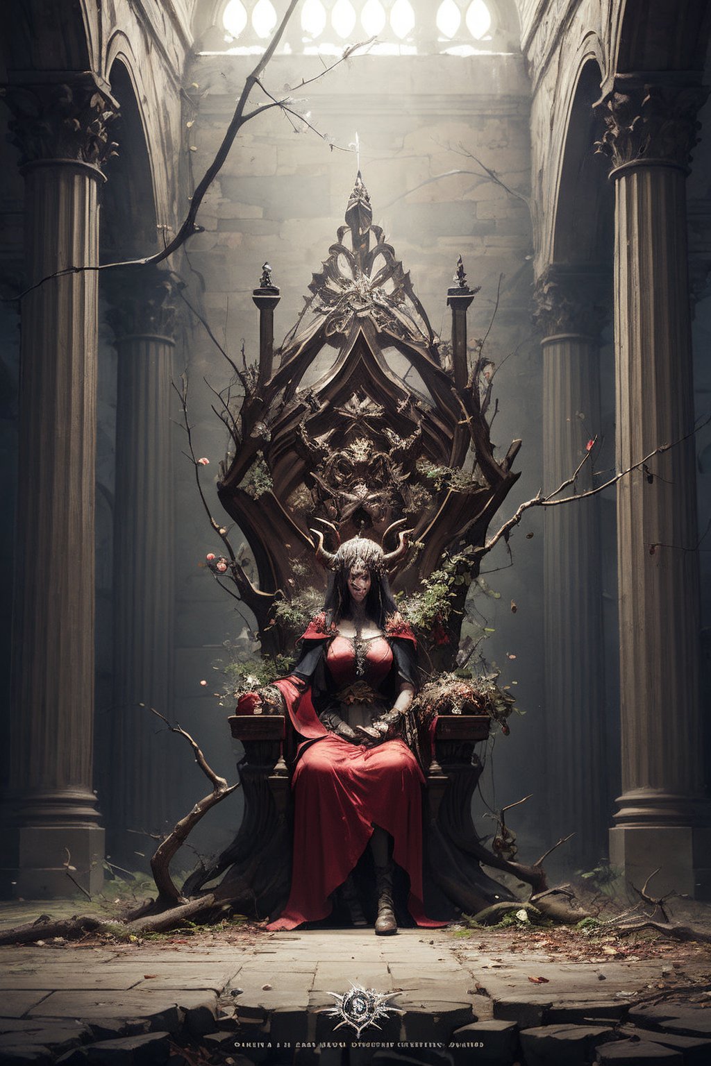 a sculpture made out of branches and branches, concept art, neoplasticism, in a throne room, evil, cd cover, artwork, grindcore, die and suffer, obscure, demon, 