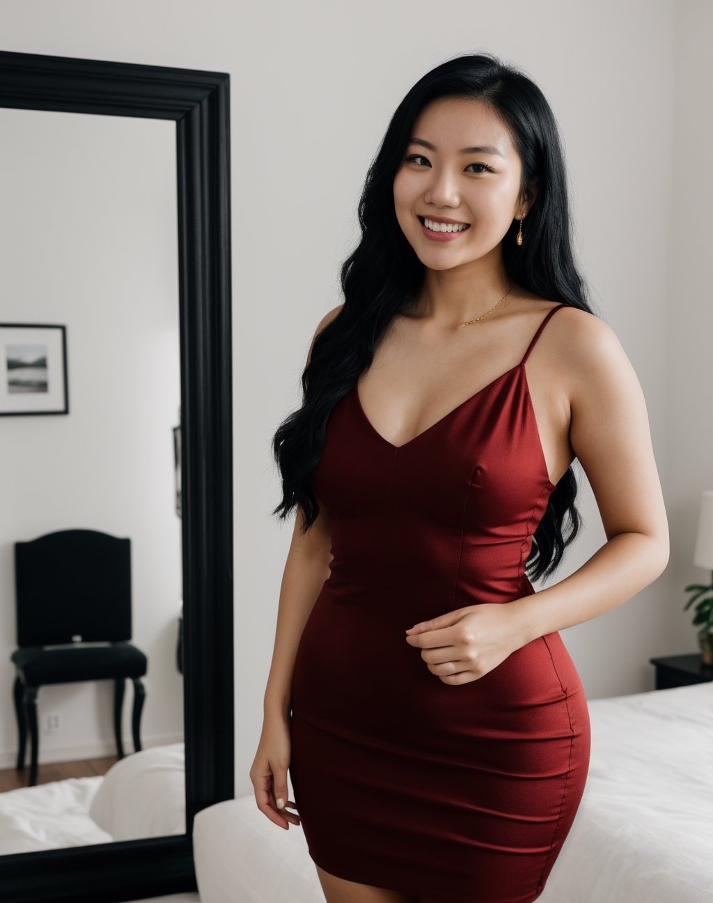 A photo of a 25-year-old Asian woman, with long black hair and brown eyes, wearing a tight red dress that shows off her curves, high heels, and gold jewelry. She has a seductive smile on her face and is standing in front of a mirror admiring herself. The location is an indoor bedroom at night with dim lighting coming from candles placed around the room. The camera angle is from above looking down at her body while she poses for the camera using a Canon EOS R6 with an f/1.8 lens set to ISO 1000 at 1/250 shutter speed and focused on her face.
